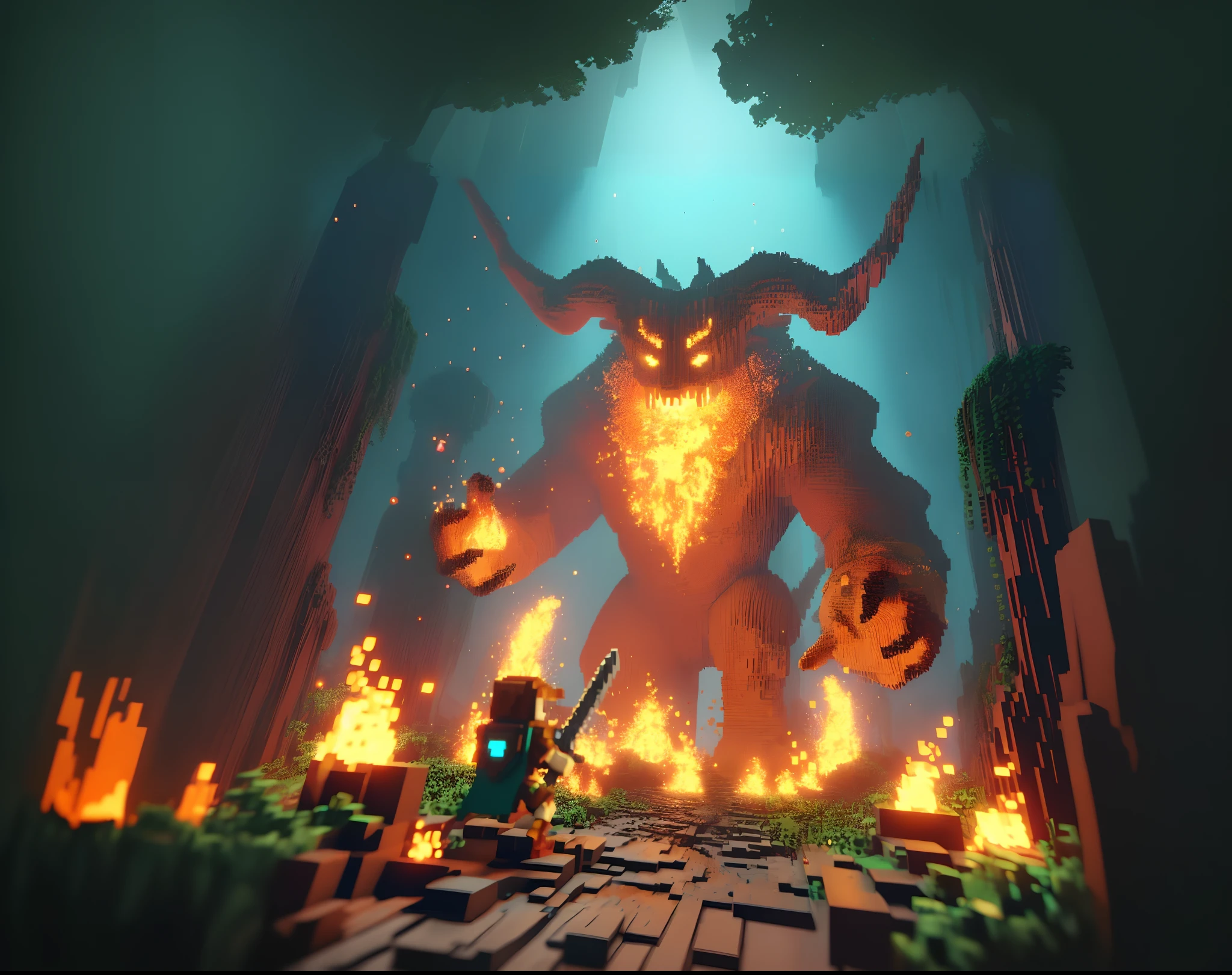 voxel art of a ranger fighting against gigantic fire demon in the magic forest with his pet dragon.deep forest background.particle is floating.ambient light.masterpiece.high quality.32K.unreal engine
