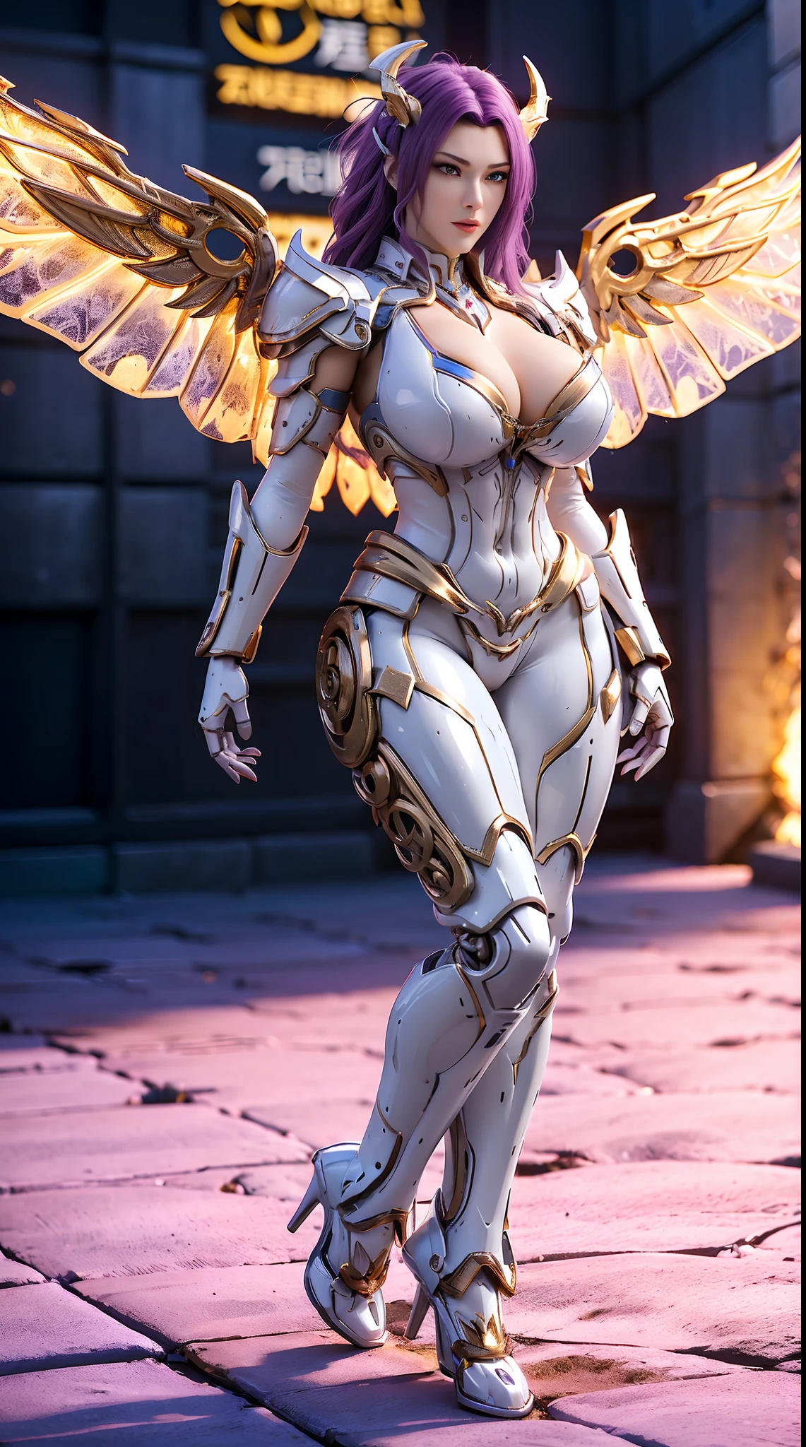 (DRAGON HEAD), HUGE FAKE BOOBS, (BEAUTIFUL FACE), (GOLD:1.2, WHITE:0.8, PURPLE:0.9 MECHA ARMORED GEAR), (((A PAIR OF HUGE MECHANICAL WINGS SPREAD OUT))), FUTURISTIC DRAGON MECHA SUIT, (CLEAVAGE), (SKINTIGHT YOGA PANTS), (HIGH HEELS), (PERFECT BODY:1.2), (FULL BODY VIEW), FRONT, (SEXY STAND:1.5), SEXY MUSCULAR BODY, MUSCLE ABS, UHD, 8K, 1080P.