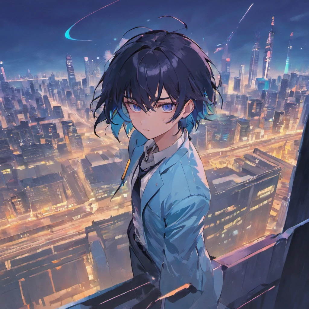 one man, black hair, blue eyes, white suit, purple tie, two katanas, rooftop, cyberpunk 2077 city, unbeatable masterpiece, 4k resolution
