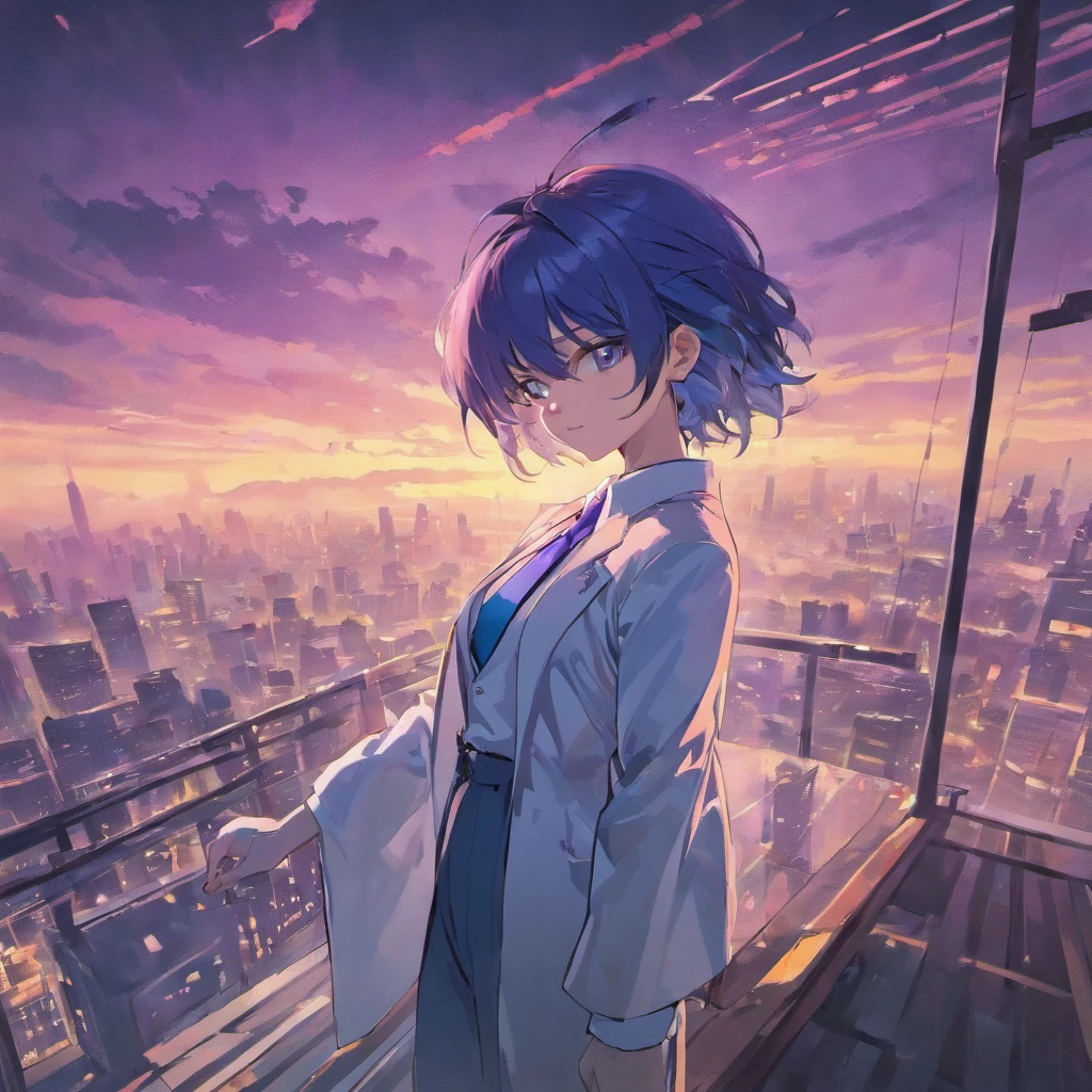 one man, black hair, blue eyes, white suit, purple tie, two katanas, rooftop, cyberpunk 2077 city, unbeatable masterpiece, 4k resolution