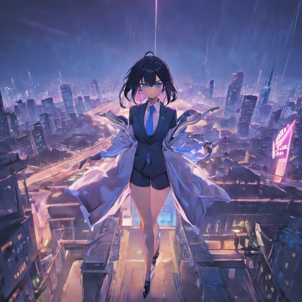 one man, black hair, blue eyes, white suit, purple tie, two katanas, rooftop, cyberpunk 2077 city, unbeatable masterpiece, 4k resolution