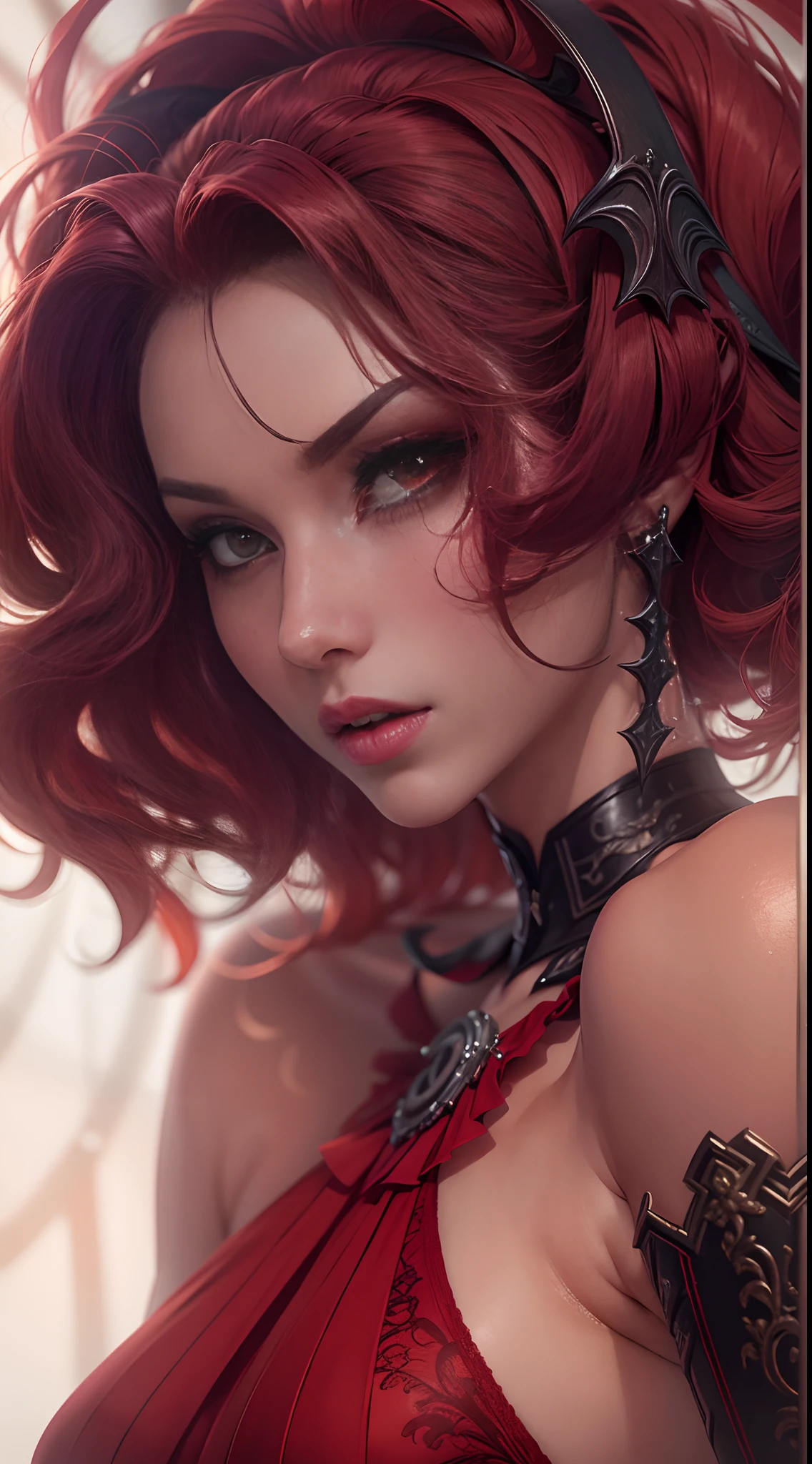 1 , succubus, cabelo chanel, cabelo vermelho, ruiva, lingerie preto e vermelho, castlevania, 30 anos, espartilho sensual, vestido cropped, aparecendo o corpo, very sharp image, 8K, beautiful face, beautiful body, very beautiful clothes, alluring