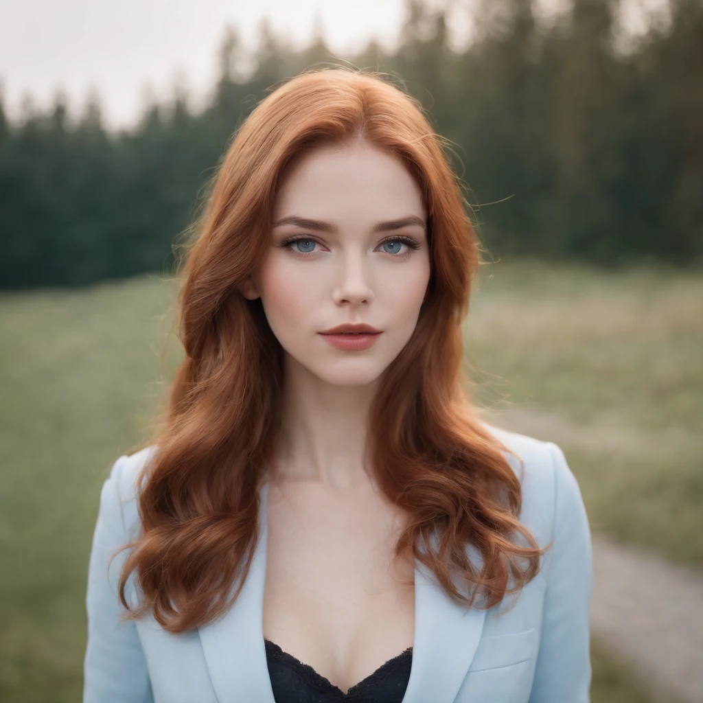 Une super belle fille de 28 ans avec de longs cheveux roux raides, white skin looks like milk or, Piercing dark sky blue eyes with a strong and striking look, slender body, a chubby little cheek, pink lips, Professional medical coat, Laboratoire profond .