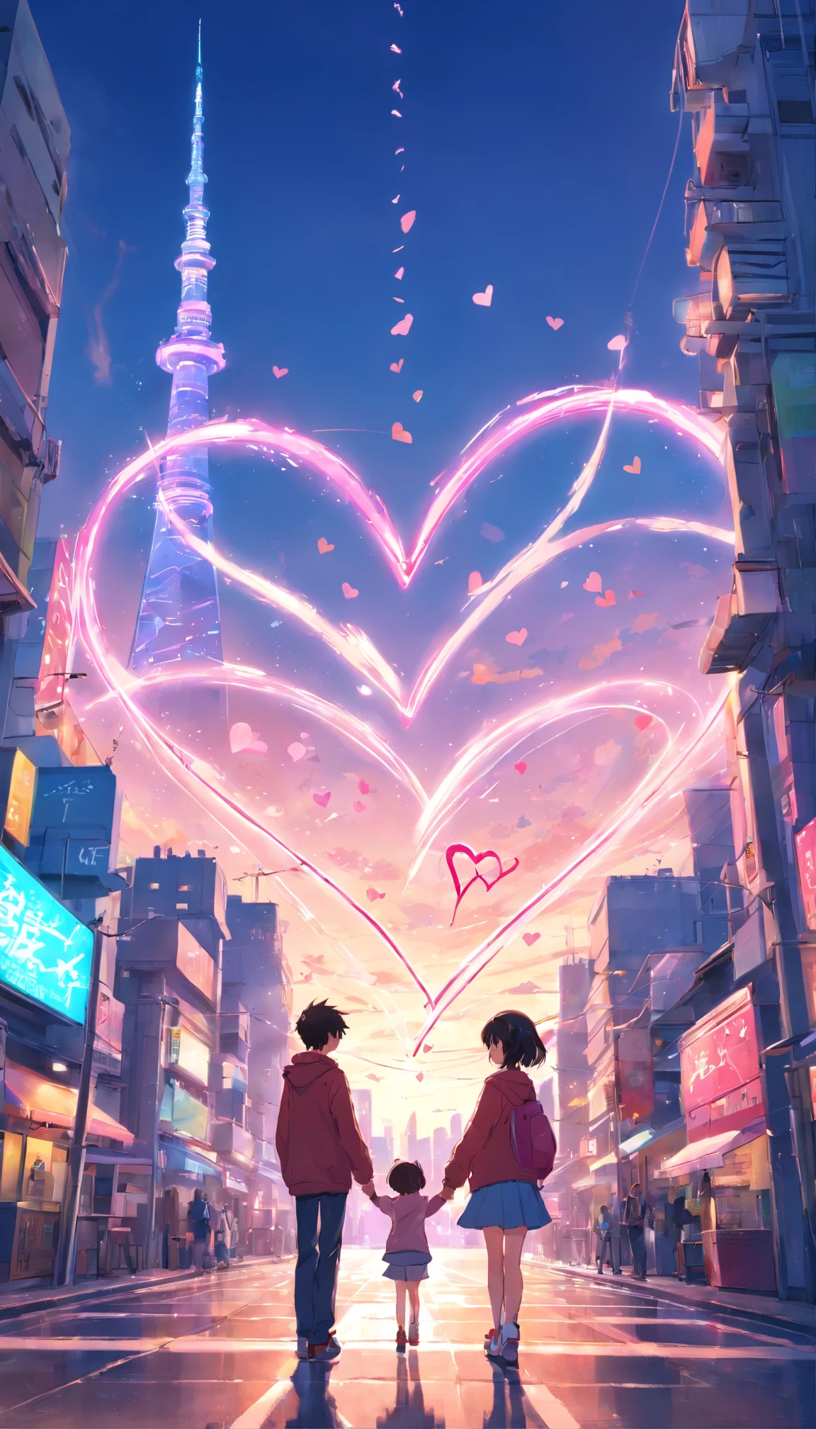 Concevez un design simple pour la Saint-Valentin avec le mot amour, transparent background, Element of Love,Composition in the shape of a heart of love,A boy and a girl entwined in one and two girls with them,Modern fashion clothing,Simple Cyberpunk City in the background,