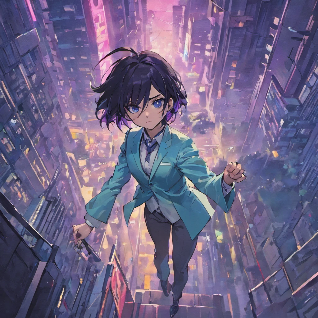 one man, black hair, blue eyes, white suit, purple tie, two katanas, rooftop, cyberpunk 2077 city, unbeatable masterpiece, 4k resolution