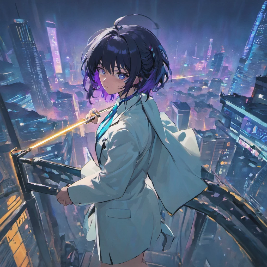 one man, black hair, blue eyes, white suit, purple tie, two katanas, rooftop, cyberpunk 2077 city, unbeatable masterpiece, 4k resolution