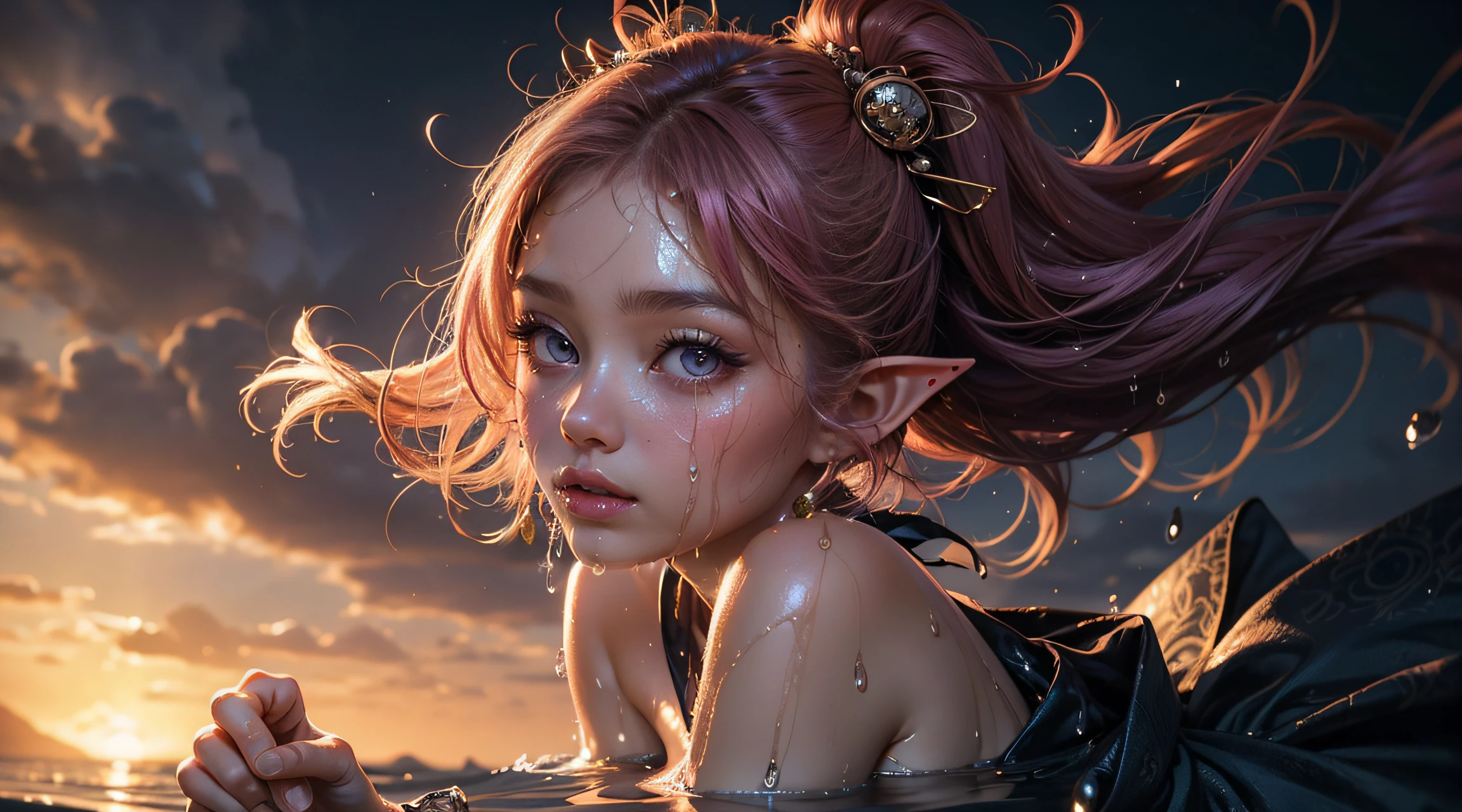 extremely detailed illustration of gorgeous woman wearing kimono japanese traditional clothing, stylish, backlit, highly illuminated, colorful crystal, amazing pink hair blowing in wind,  purple eyes, closeup, (visually rich), raytraced, manga, whimsical, JRPG, enchanting, emotionally evocative, detailed environment, fantastical, imaginative, visually rich, atmospheric, zoomed, flat lighting, 2d, cartoon, vector, rocks, art by MSchiffer, gold glow, (((cleavage))), (bare breasts),(tall), full body, seductive posing, night, stormy weather, magical, small elf ears, royalty, ((beautiful detailed face)),(small boobs}, beautiful abs, tan skin, (dripping wet), Traditional japanese home, sheets tangled around her