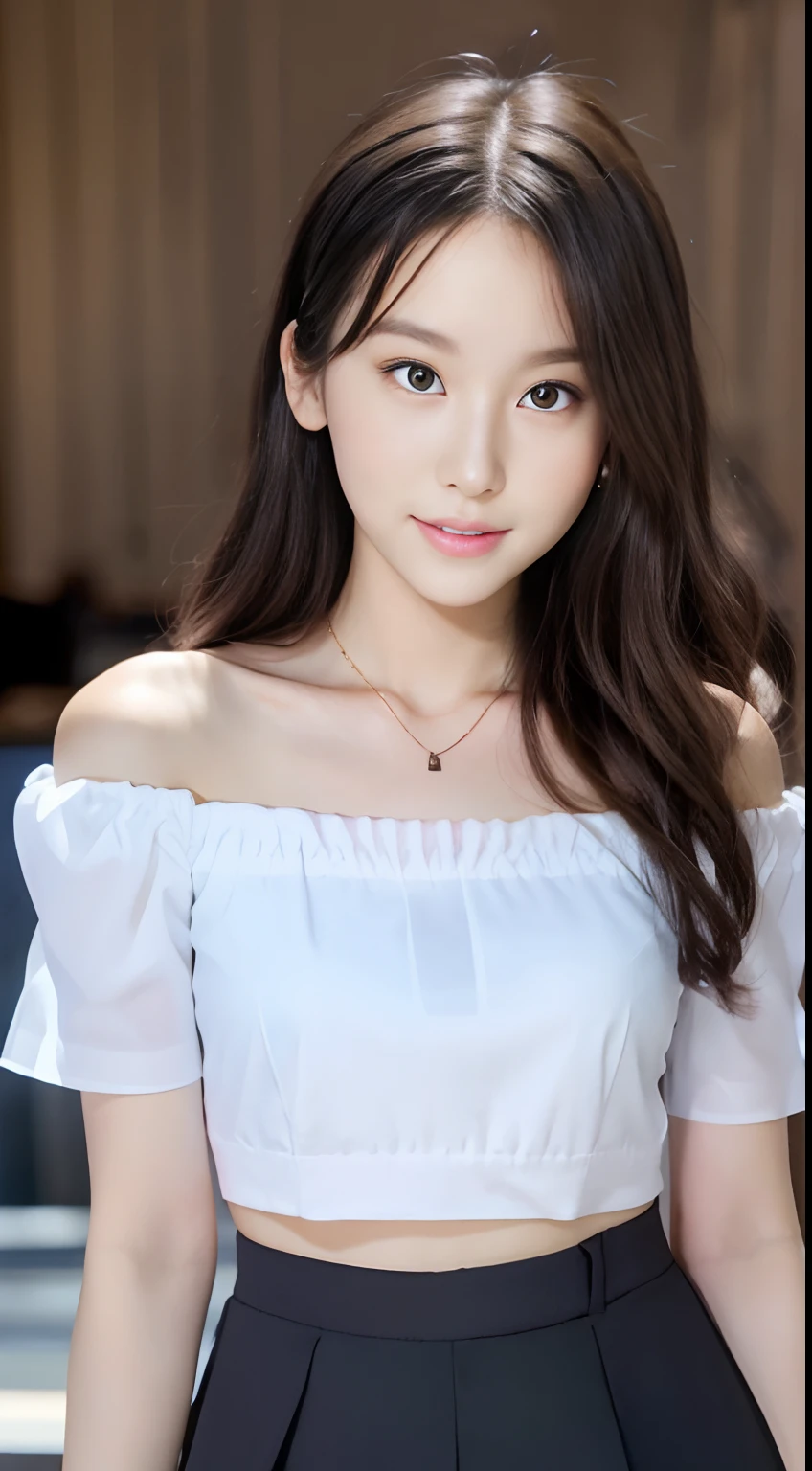 Stunning exquisite real beautiful girl、long curly hair of golden color、Very exquisite facial features、Incomparably beautiful girl、Clavicle off-shoulder、22year old、Slender Line、White crop top shirt、Black JK Skirt、Exposed legs、A sweet smile、Soft、dreamlike quality、light white and dark brown、exaggerated facial features、Landless、Candid off-white、Surreal、Blue Gemstone Necklace、Super transparent beautiful young girl、Cute and lively、 Ultra short leggings、Bar counter background