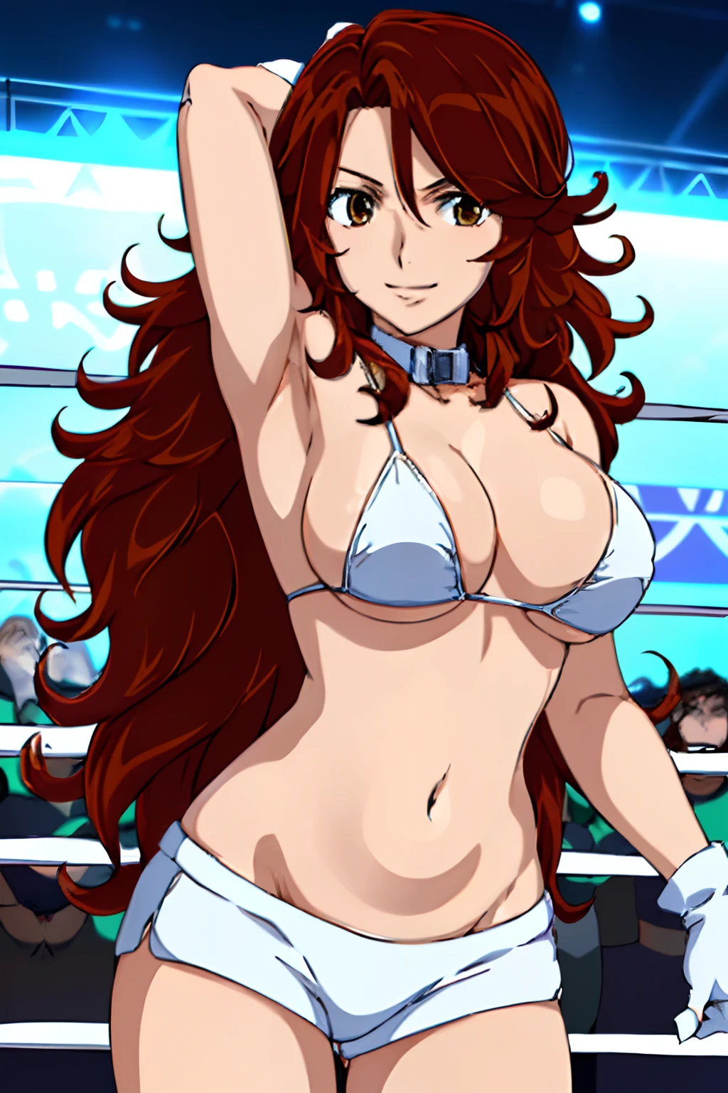cowboy shot, upper body view, anime style: 1.8, anime drawing, ultra detailed face, ultra detailed body, 8k, Sumergai Lee Noriega, (standing), best quality, anime style, hires, highest definition, digital blending, bold drawing lines, ((slender body, female wrestler), (location: wrestling arena, crowds watching), (weak body, slender body, broad shoulders, , strong biceps, thighs), ((white micro bikini, shorts, groin, white boots, white gloves, collar)), victorious, winner, smile, , (big breasts), (big eyes, brown eyes), (warming up), (brown hair, loose hair, curly hair, wavy hair, long hair, missy hair), 27 years old, underarm, celebrating