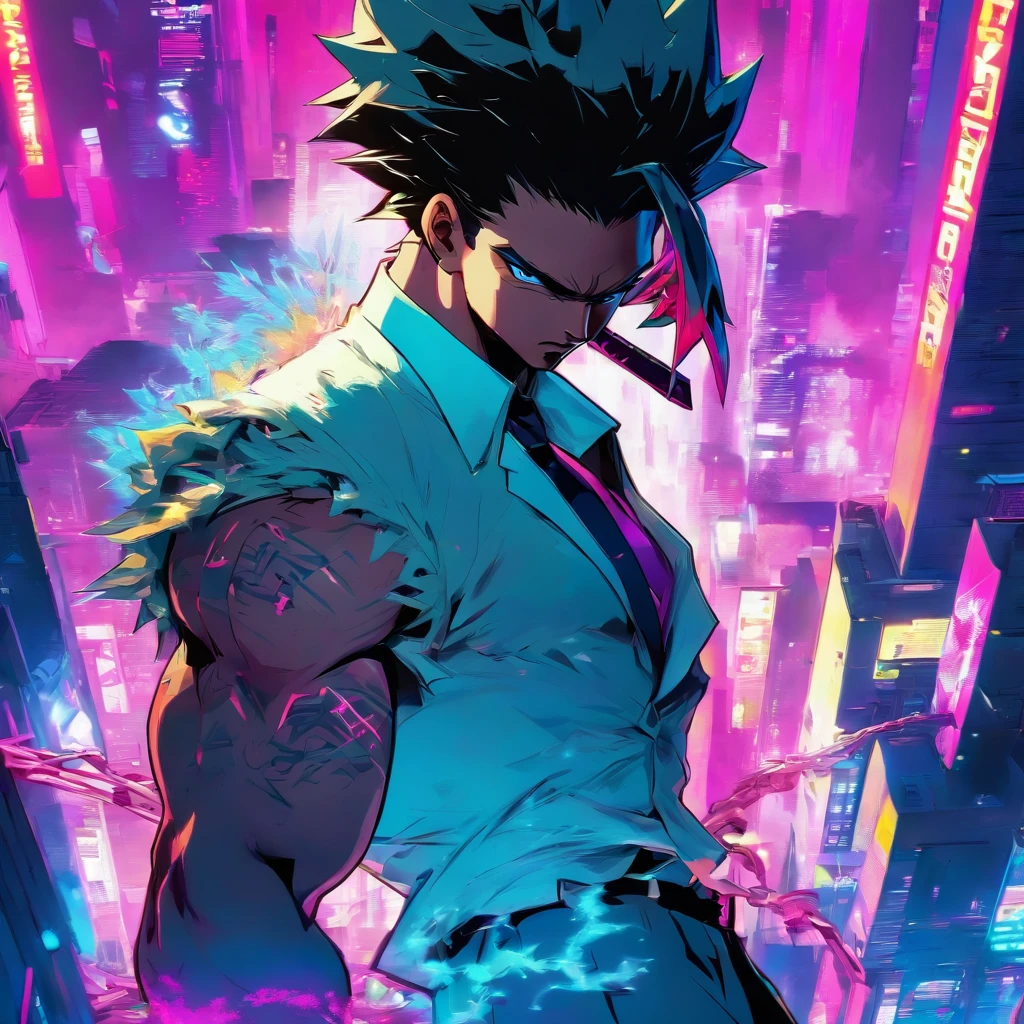 anime, one man, black hair, blue eyes, white suit, purple tie, two katanas, rooftop, cyberpunk 2077 city, unbeatable masterpiece, 4k resolution