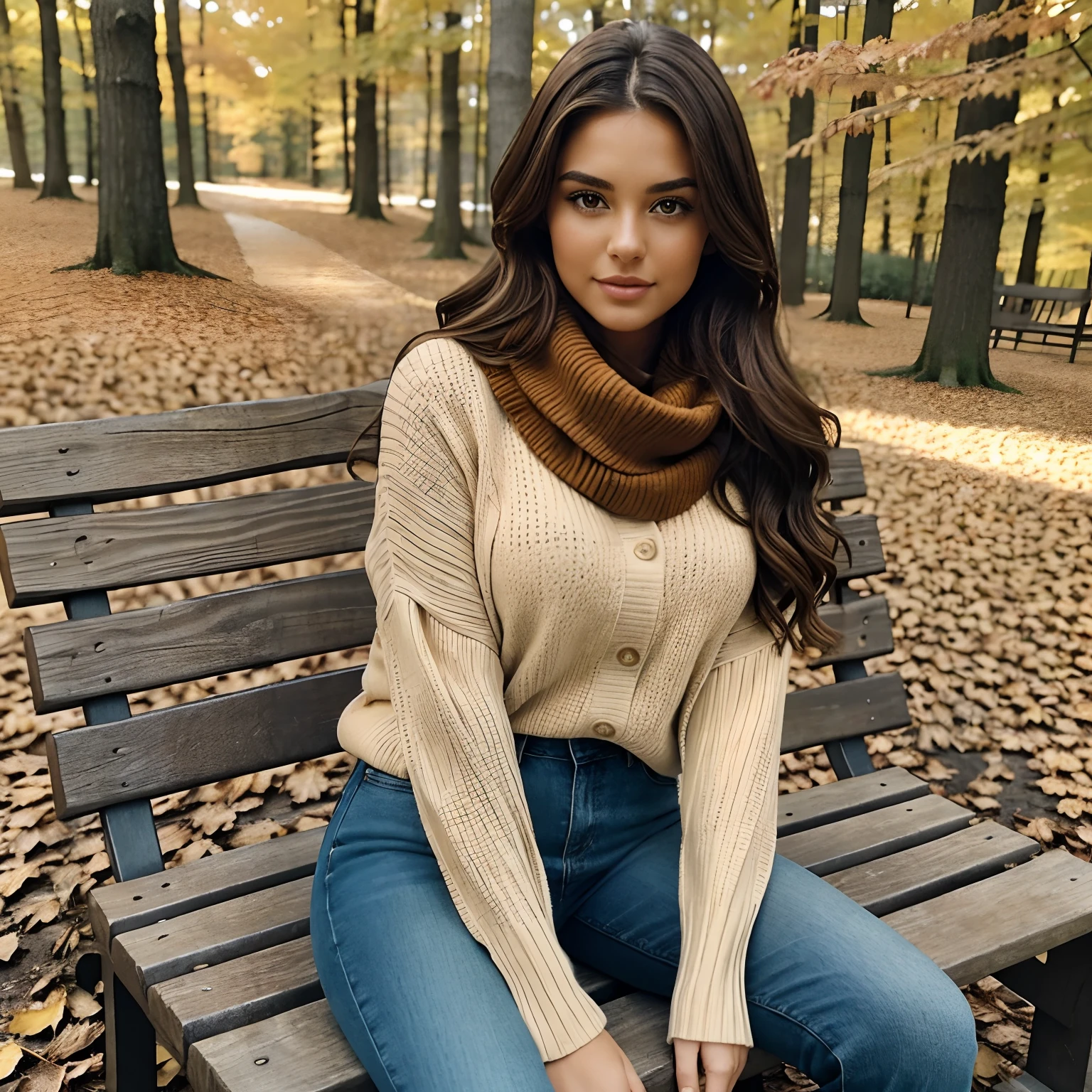 Generate full-body photography of Autumn, the stunning brunette influencer. She should appear in her mid-20s, approximately 5'4" tall, with long, wavy chestnut hair that falls gracefully on her shoulders. She has an athletic hourglass figure accentuated by her full bust. Her complexion should be flawless, with a warm, sun-kissed tan. Autumn's expressive brown eyes should radiate charisma, and she should have a relaxed and confident demeanor.Autumn is dressed in a stylish fall outfit. She wears a cozy, oversized sweater in earthy tones that complement the changing leaves. Her jeans fit comfortably, and she's sporting fashionable ankle boots suitable for walking among the fallen leaves. A matching scarf adds a touch of warmth and sophistication.Place Autumn in a picturesque autumn forest setting. Surround her with vibrant fall foliage, including red, orange, and yellow leaves. The background should showcase the beauty of the season, with trees and a gentle breeze rustling the leaves.For poses, capture Autumn in relaxed and natural positions. She can be seen strolling through the forest, admiring the foliage, or sitting on a rustic bench, enjoying the serene atmosphere. Encourage her to engage with the environment by collecting leaves or simply reveling in the beauty of autumn.Ensure the image conveys the essence of a peaceful and elegant fall day, emphasizing Autumn's connection with nature and the changing seasons