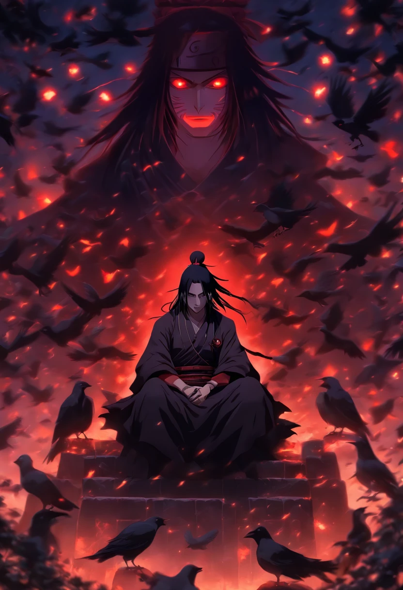 Itachi Uchiha on a moonlit night sitting on a black throne with crows circling around him, High resolution, Realistic lighting, Accurate shadows, Textured surfaces, Sharp details