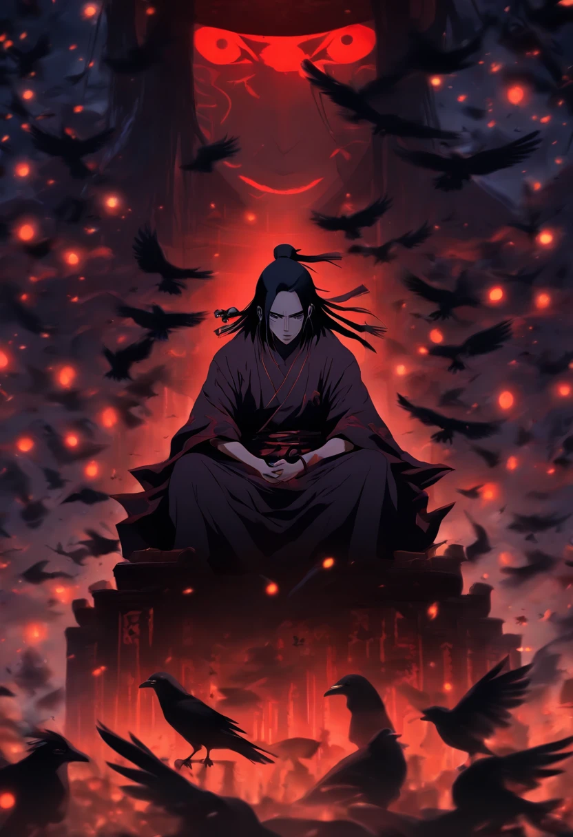 Itachi Uchiha on a moonlit night sitting on a black throne with crows circling around him, High resolution, Realistic lighting, Accurate shadows, Textured surfaces, Sharp details