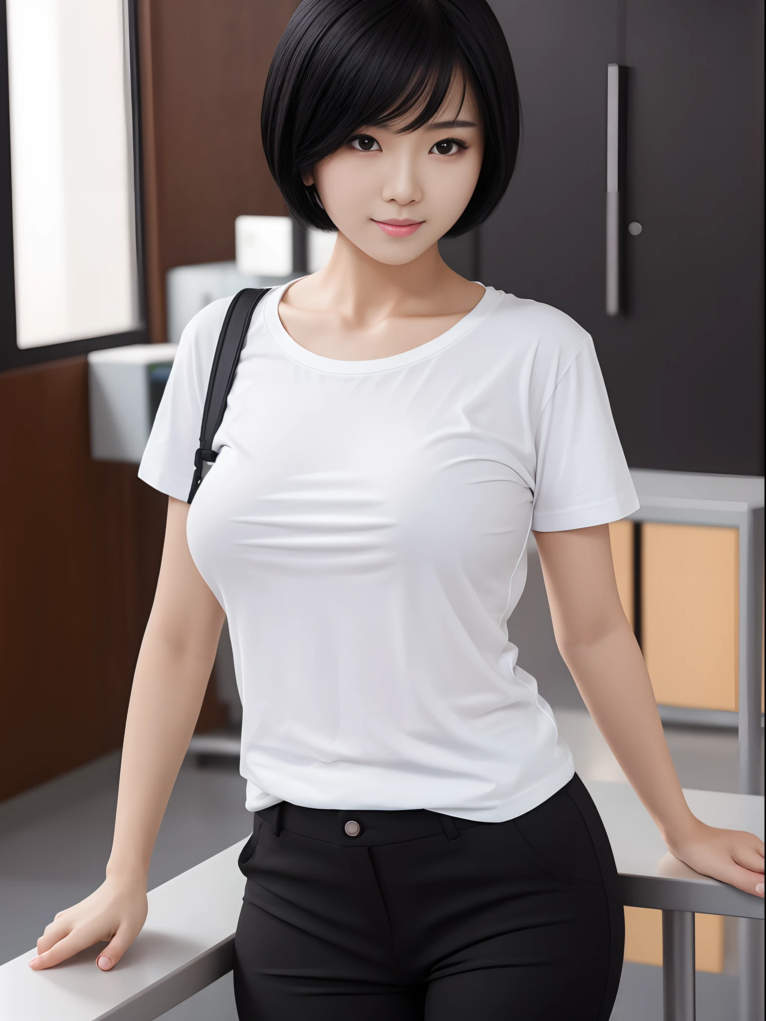 sharp image, detailed image, 8K ultra hd, masterpiece, beautiful girl, asian, white t-shirt, black pants, short black hair, underpants, white skin, small nipples , in the school, alone, close-up