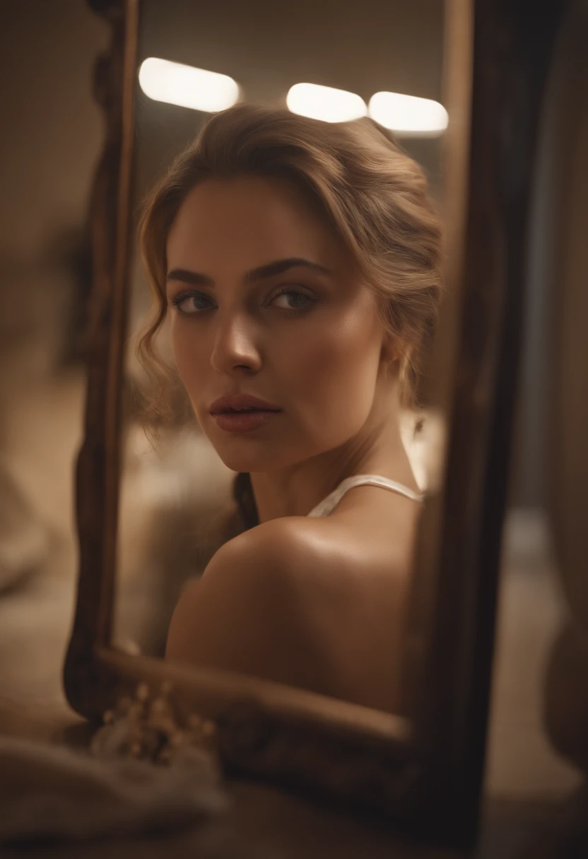 (best quality,4k,8k,highres,masterpiece:1.2), ultra-detailed, realistic:1.37, HDR, intense emotions, female figure, serious expression, worried eyes, fearful expression, detailed facial features, protective embrace, reflection in the mirror, clear reflection, expressive eyes, slightly parted lips, anxiety, vulnerability, fear of loss, fine lines on the face, introspective mood, mirror as a symbol, delicate brushwork, portrait, soft and warm colors, dramatic lighting.