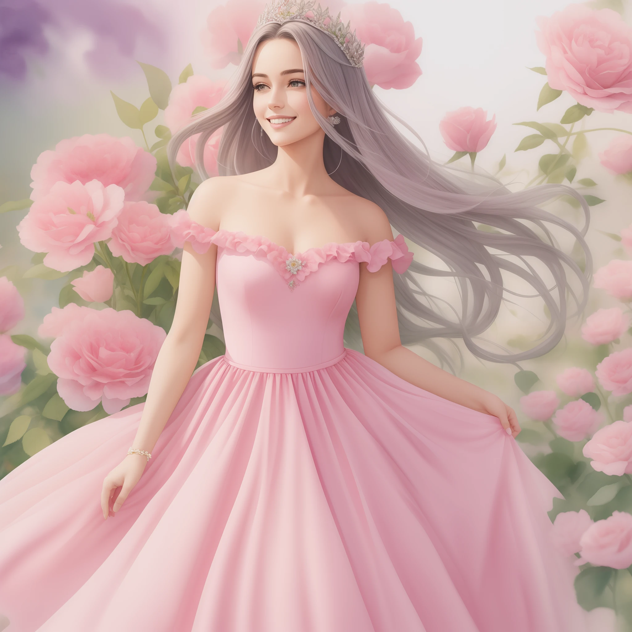 Uma pintura em aquarela de mulher sorrindo de longos cabelos roxos em um vestido de princesa rosa esta cercada de flores, ultra detalhada, sharped image, 4k
