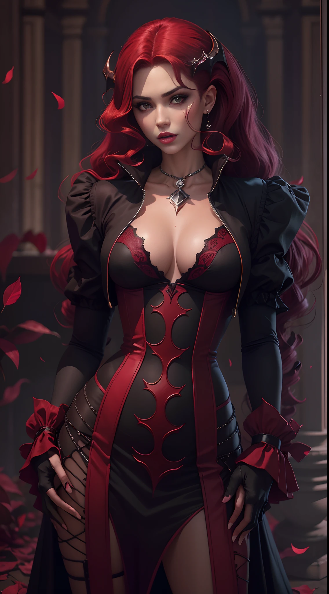 1 menina, succubus, cabelo chanel, cabelo vermelho, ruiva, lingerie preto e vermelho, castlevania, 30 anos, espartilho sensual, vestido cropped, aparecendo o corpo, very sharp image, 8K, beautiful face, beautiful body, very beautiful clothes, alluring