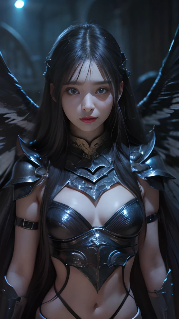 8K, Raw photo, Photorealistic, (Detailed skin, Best Quality:1.2), (black wings), ((bikini armor, black armor)), (((Small chest:1.1))), ( black long hair:1.3, wavy hair), Teenage girl with black wings in an abandoned temple at night, (Baby face:1.1, Neat face, Fairer skin), thighs, Full body shot, (low angle shot:1.2)