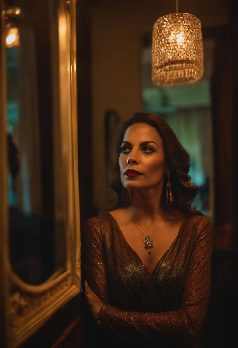 mulher brasileira de 40 anos, Looking at your reflection through the mirror, expressing fear of losing someone