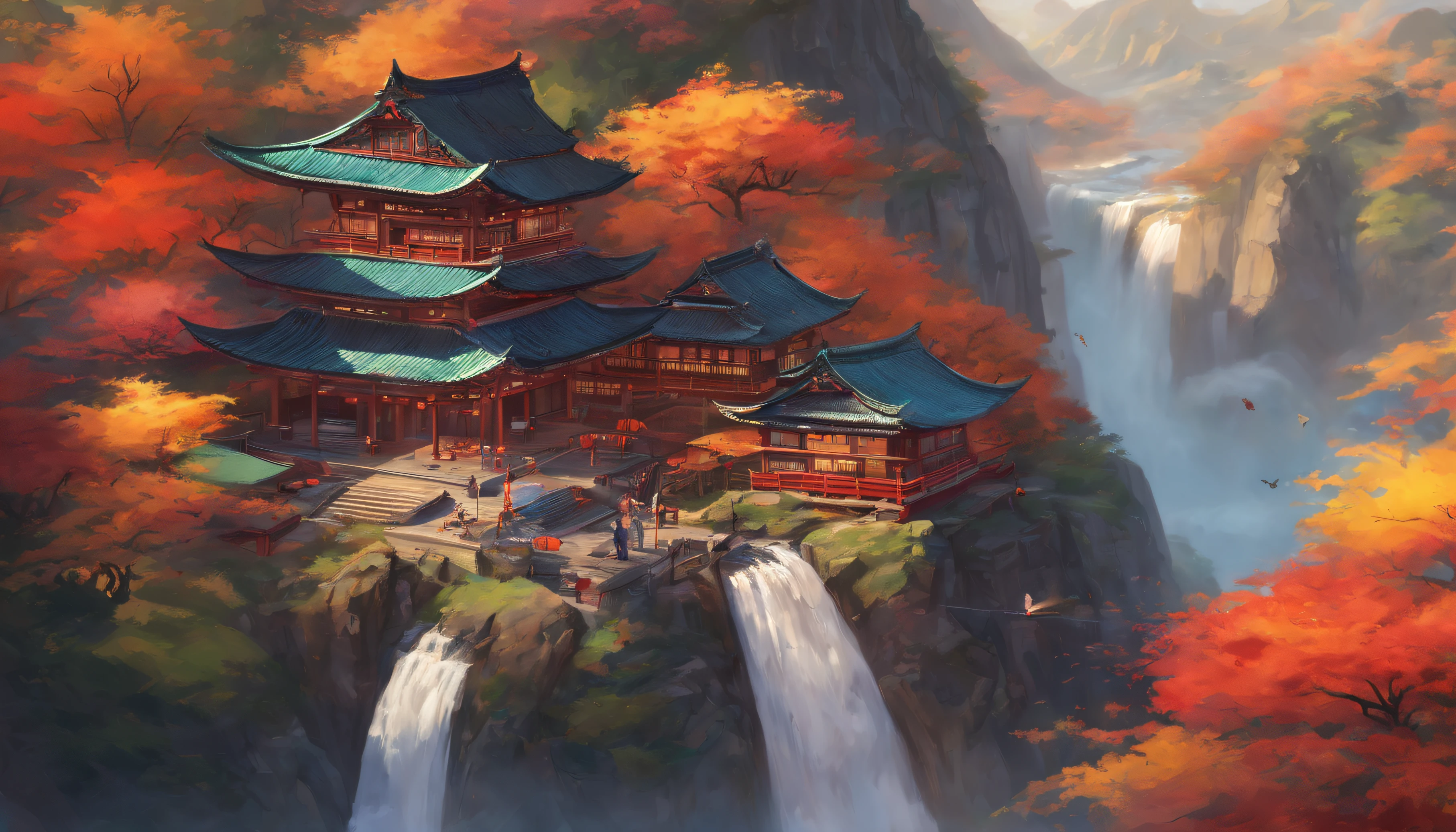 ( ( bird's eye view, Focal point composition) ) , Sunset Gradient, , there are many scattered japanese buildings on the high mountain,  waterfall cascading from the island, a vast sea of clouds, spectacular waterfalls, group of buildings, lanterns and sky lanterns floating in the air, high mountains, starry skies, soft color, refreshing, beautiful, Chinese landscape painting, cinematic lighting, high detail, ,cinematic lighting, (depth of field), UHD, --v6