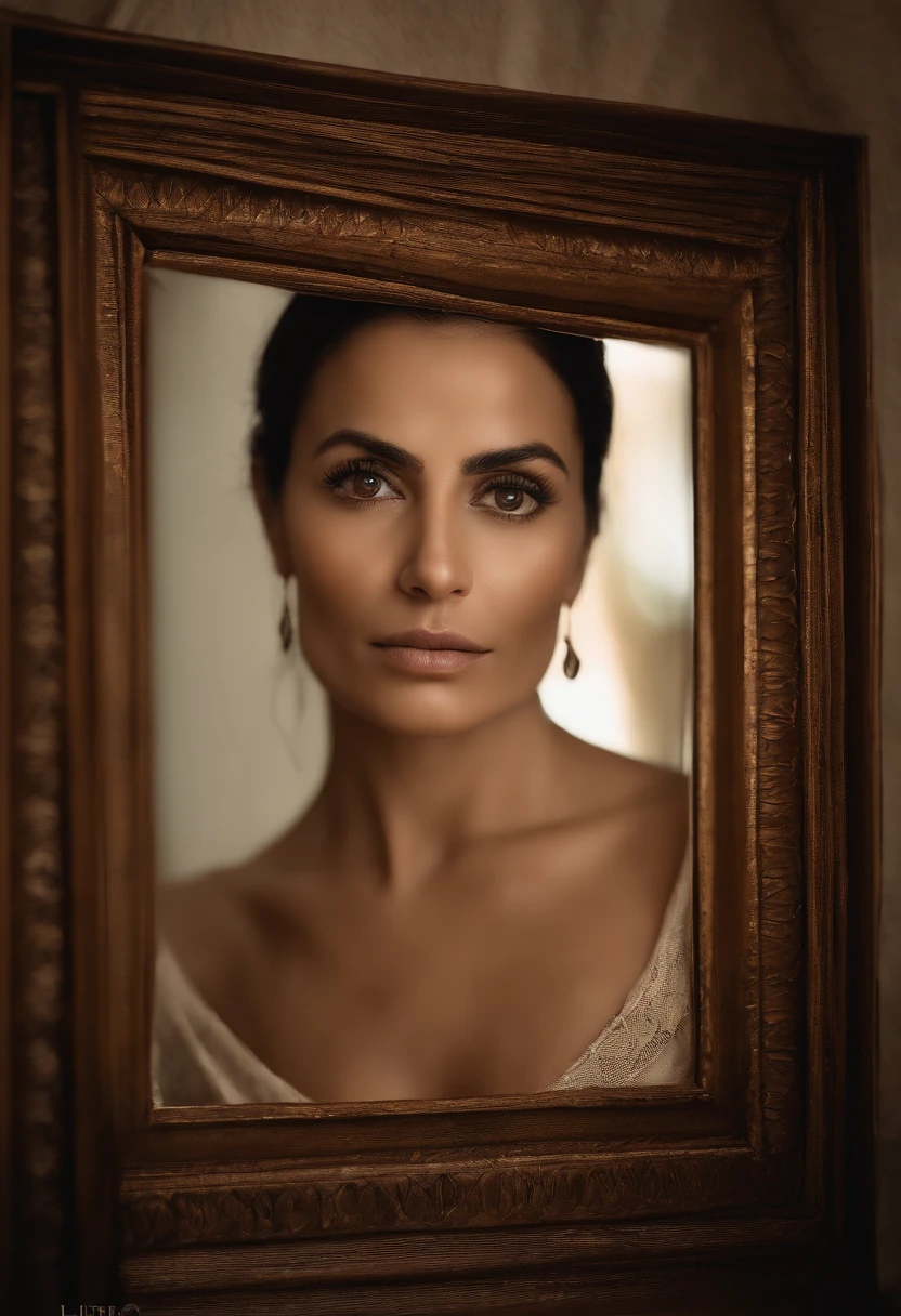 reflection in the mirror,fearful expression,worried,40-year-old Brazilian woman,detailed facial features,beautiful eyes and lips,dark and long eyelashes,expressing emotions,black hair,straight hair style,natural look,slightly arched eyebrows,soft and glowing skin,subtle wrinkles around the eyes,loose and comfortable clothing,ethnic necklace,subtle jewelry,contemporary interior decor,elegant mirror with a wooden frame,soft and natural lighting,high-quality artwork,masterpiece:1.2,ultra-detailed portrait,photorealistic style,neutral color palette,subdued lighting effects,moody atmosphere