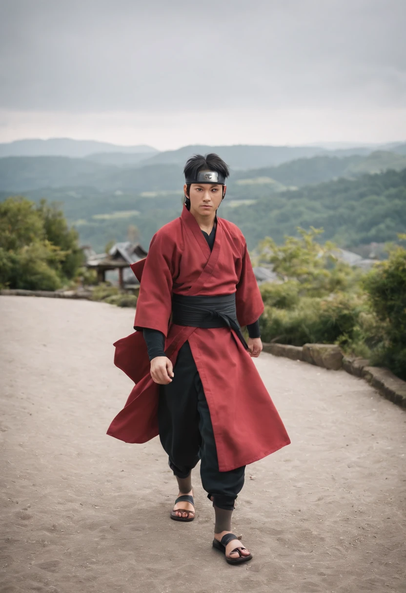 Personnage Naruto beau adulte tenue Akatsuki, avec un Sharingan sur l'oeil gauche, paysage dans la ville de konoha, dans la autre, sunny day, 8k, HDR, Realstic, photographique,