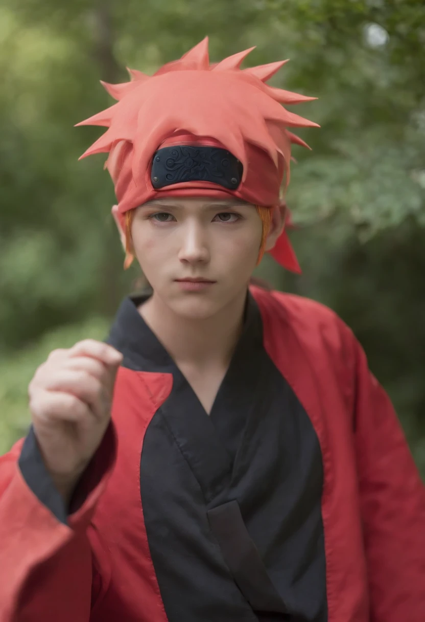Personnage Naruto beau adulte tenue Akatsuki, avec un Sharingan sur l'oeil gauche, paysage dans la ville de konoha, dans la autre, sunny day, 8k, HDR, Realstic, photographique,