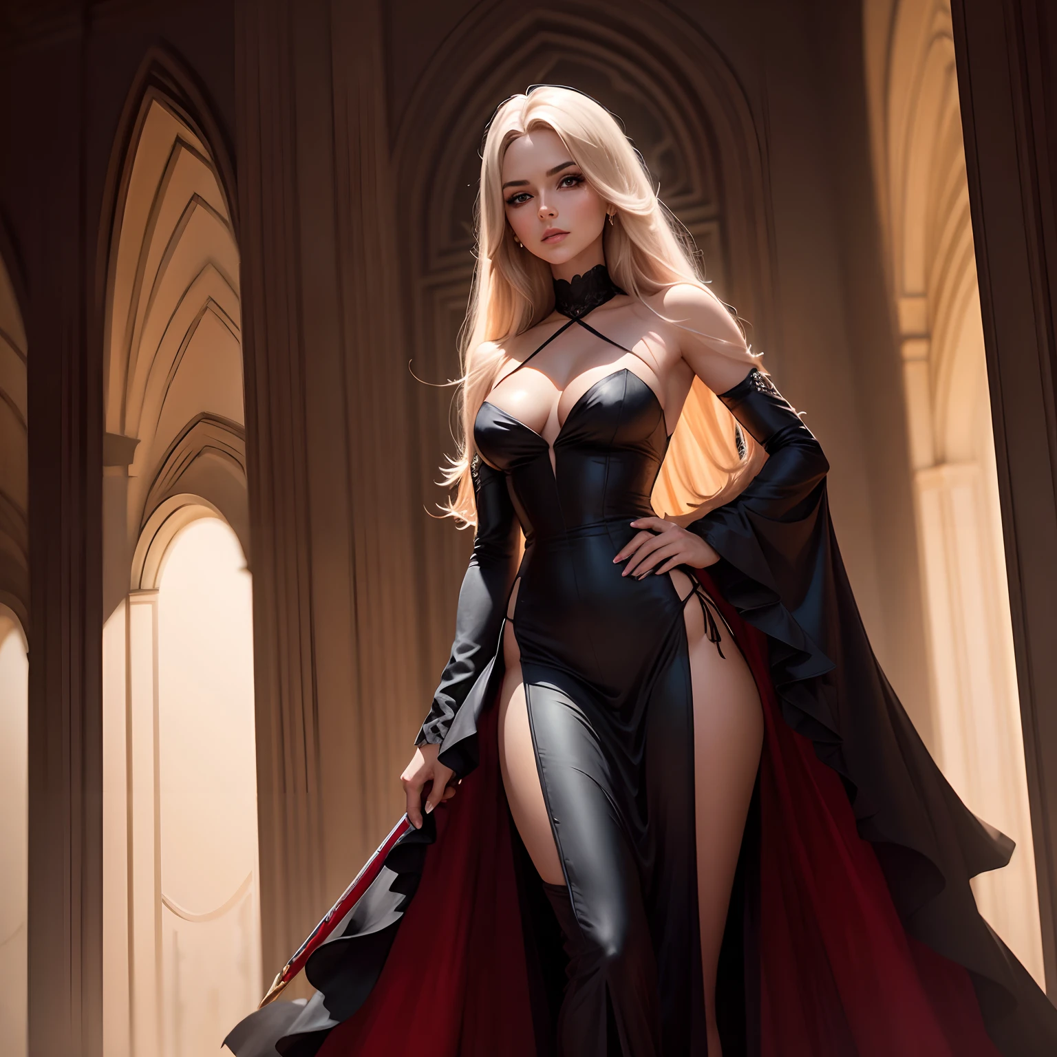(mulher de cabelos loiros,ter uma pose elegante:1.1), [vestido preto,espartilho vermelho] ,segurando uma espada, [confident expression,Charismatic look], [cores vibrantes:1.1,alto contraste:1.1], [dramatic lighting,soft backlighting], [oil painting:1.1,master part:1.2]