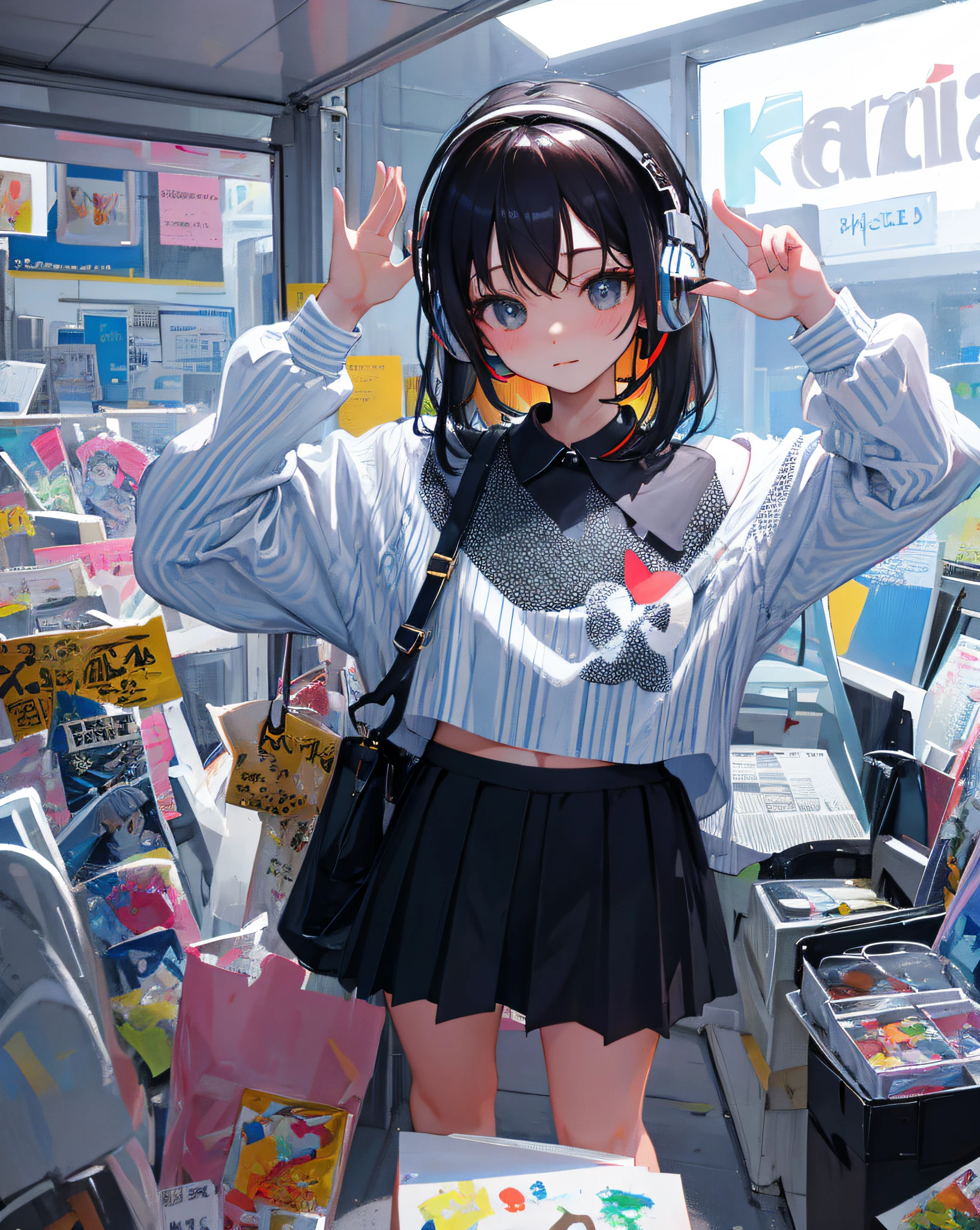 (Realistic painting style:1.0), Masterpiece, Best quality, absurderes, comic strip, illustration,
1 girl, Medium hair, Cute girl, young and cute girl, Korean girl, {Breasts},
A girl in a skirt and a striped shirt with headphones, On the road, Girl wearing headphones, cute kawaii girls, photo of slim girl model, Wear a collar, wearing a crop top, Wear a striped top, Striped top, Black skirt, Simple clothes, Simple clothing,
