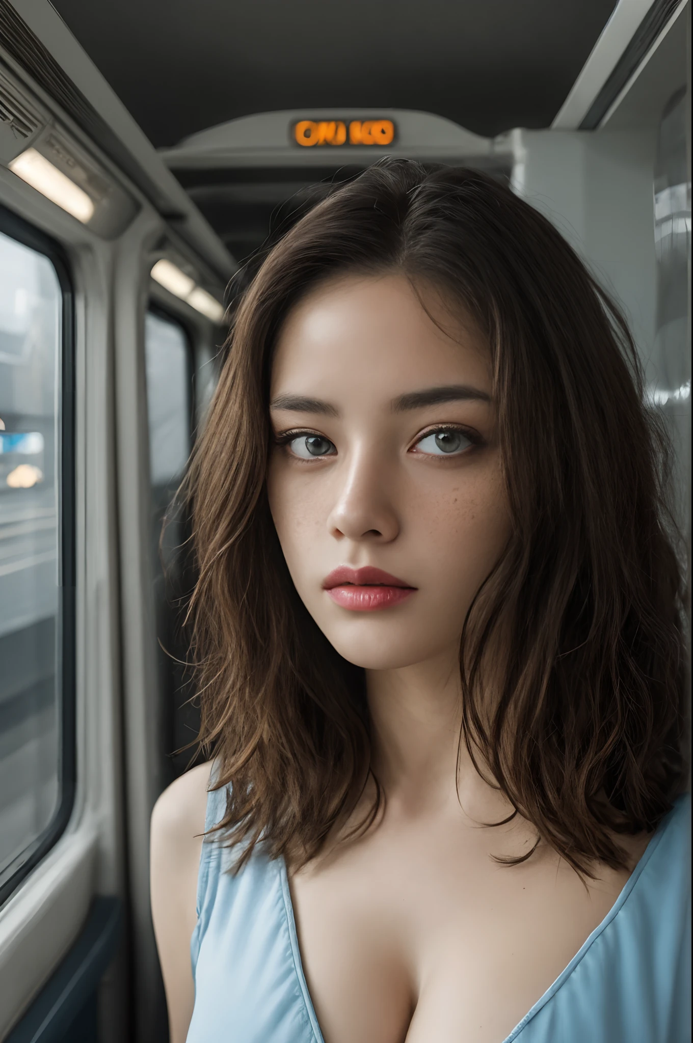 ((European pre-)), beautiful girl, freckles on her face, light blue eyes, white blouse with spaghetti straps, cleavage breasts, tiny blue pleated skirt, no panties, realistic vagina, close-up from thighs to face, shot from below, very light skin, shaved hair, busy subway car, photorealistic, indirect lighting, volumetric light, ray tracing, hyper-detailed, best quality, ultra-high resolution, HDR, 8k