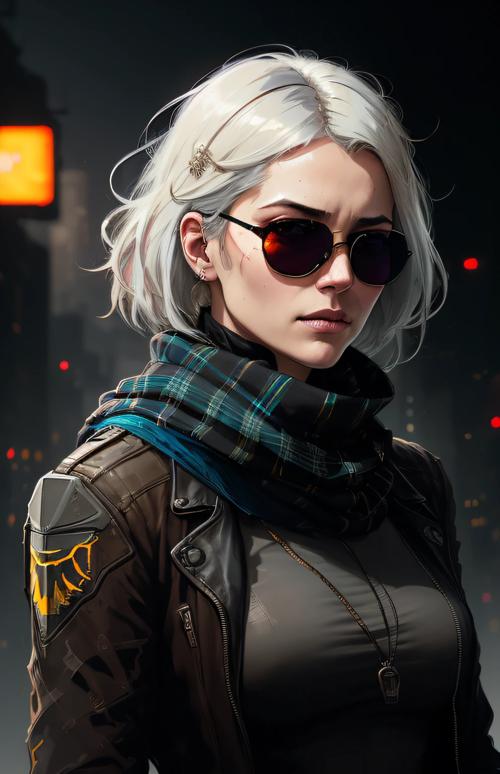 (dark shot:1.1), epic realistic, portrait of halo, sunglasses, blue eyes, tartan scarf, white hair by atey ghailan, by greg rutkowski, by greg tocchini, by james gilleard, by joe fenton, by kaethe butcher, gradient yellow, black, brown and magenta color scheme, grunge aesthetic!!! graffiti tag wall background, art by greg rutkowski and artgerm, soft cinematic light, adobe lightroom, photolab, hdr, intricate, highly detailed, (depth of field:1.4), faded, (neutral colors:1.2), (hdr:1.4), (muted colors:1.2), hyperdetailed, (artstation:1.4), cinematic, warm lights, dramatic light, (intricate details:1.1), complex background, (rutkowski:0.66), (teal and orange:0.4)
