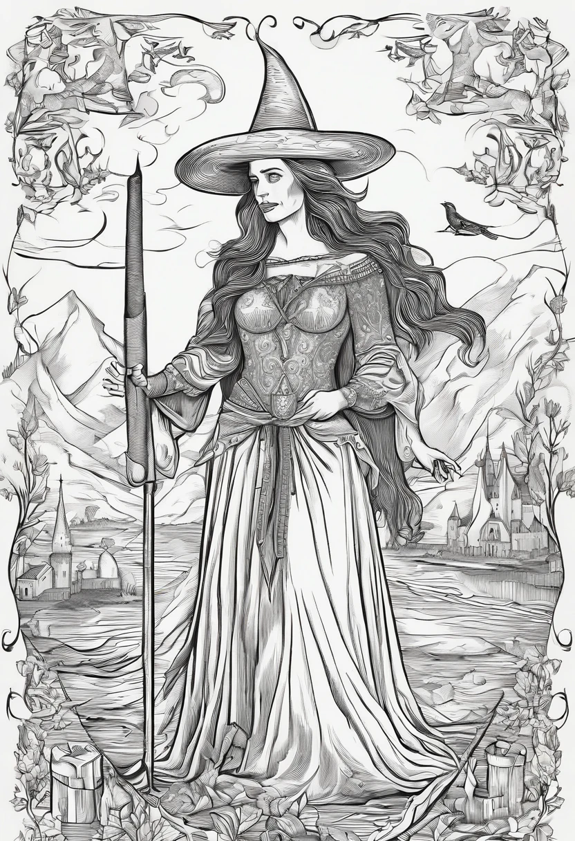 Illustration of a witch with long hair, olhando para baixo, embaixo de uma fogueira, queimando, lighting a cigarette in the flames of the bonfire, chamas, flames, in medieval times, tipo tatuagem, hachuras, altamente detalhado, drawing, epic pencil drawing, by Adam Marczyński, by Sava Šumanović, by Arthur Pan, medieval