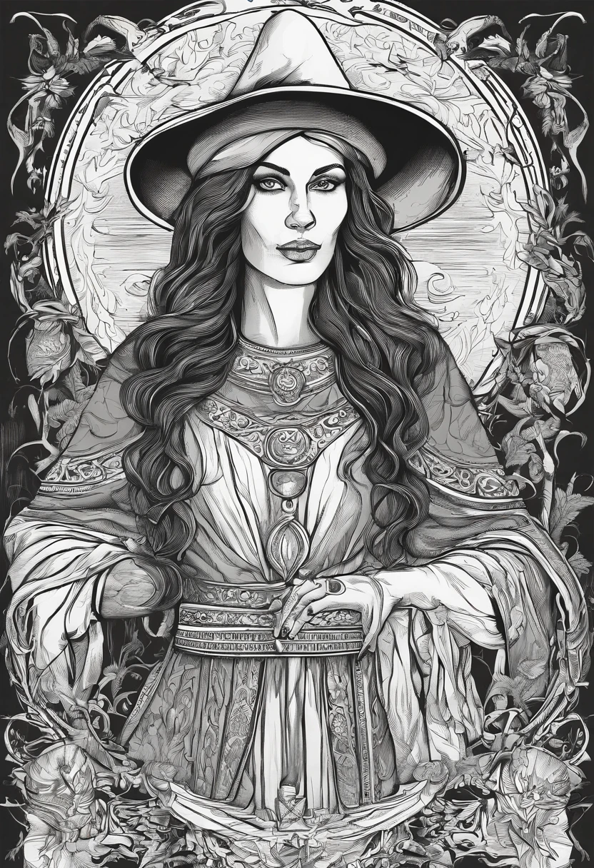 Illustration of a witch with long hair, olhando para baixo, embaixo de uma fogueira, queimando, lighting a cigarette in the flames of the bonfire, chamas, flames, in medieval times, tipo tatuagem, hachuras, altamente detalhado, drawing, epic pencil drawing, by Adam Marczyński, by Sava Šumanović, by Arthur Pan, medieval