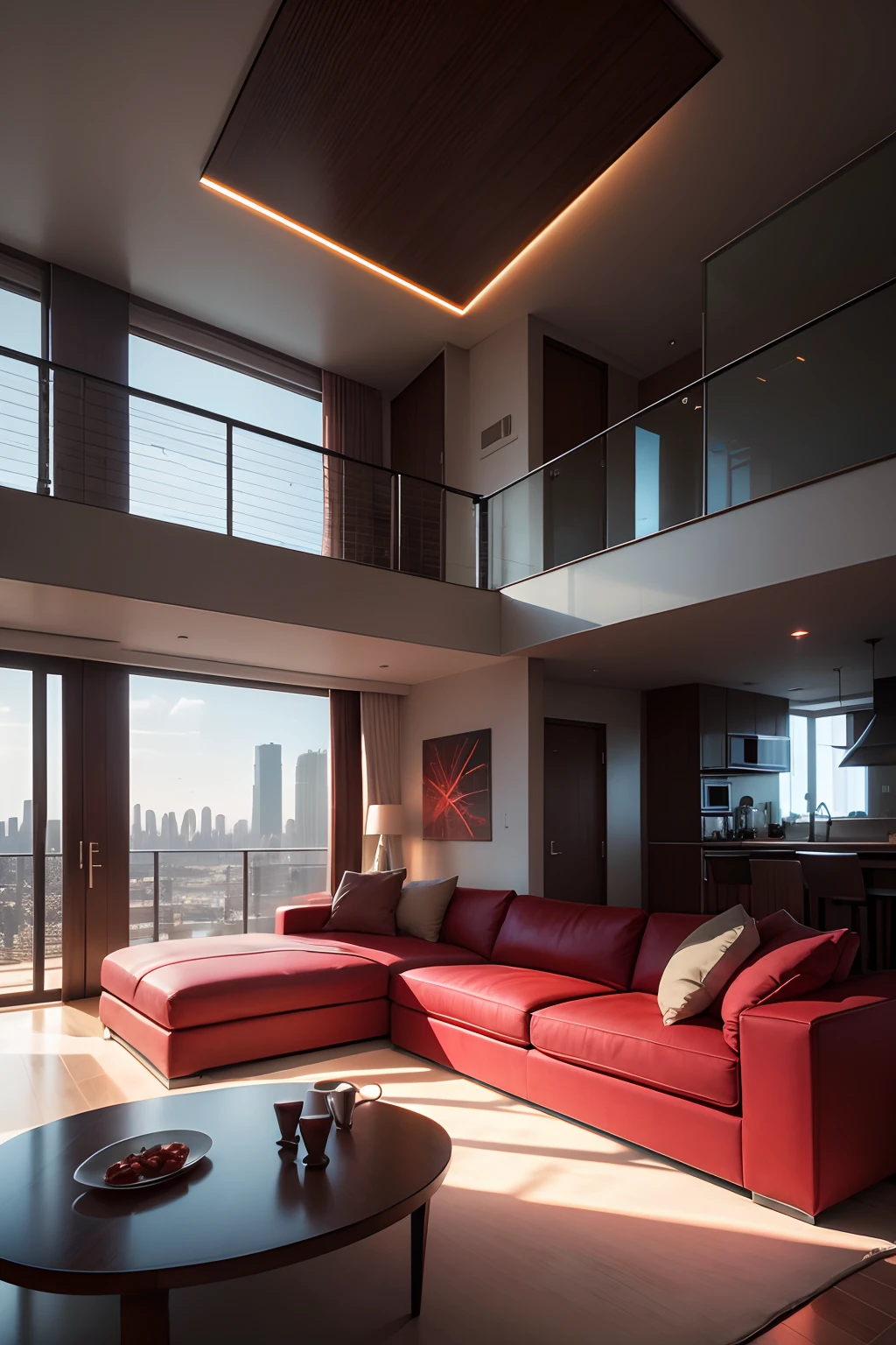High-resolution concept art for apartment living room,Com vista para a grande cidade futurista,Floor-to-ceiling windows and medieval modern furniture, cinematic lighthing,red sofa