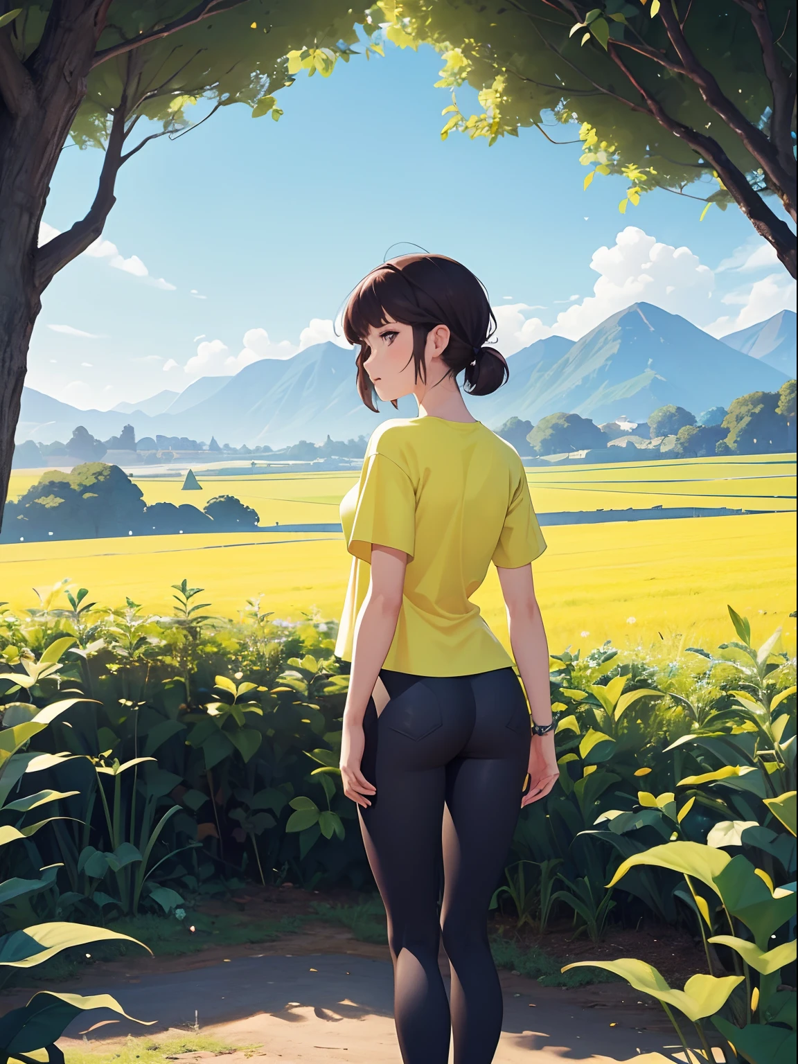 Planta com folhas brancas, 1girl vestindo uma blusa branca e um short legging yellow, with a beautiful landscape behind, 4k, ((best resolution)), ((melhor qualidade)).