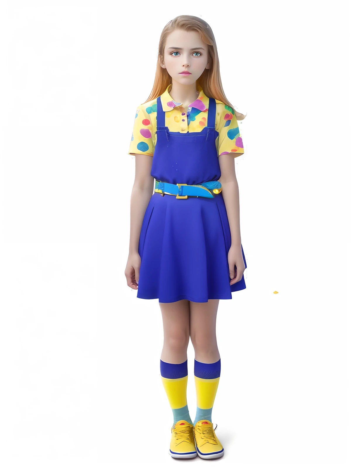  girl with Brown hair and blue eyes wearing a royal blue flared dress with thick straps and round collars, a shirt with a splash print (pink, yellow, red, water green) and short sleeves in a baby look selt with a splash print (pink, yellow, red, water green), long white socks and shoes royal blue with colorful laces, uniforme orphanage in informal style, White background like a soap opera promocional photo, realistic PIC, 4D, 8k, primal work