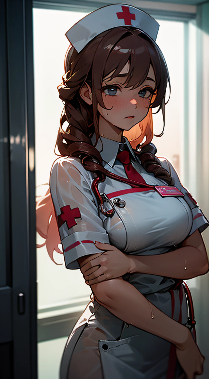 Masterpiece, best quality, 1 girl, office, body closeup,, nurse, wet, clothes soaked, transparent clothes, boring, coiled hair