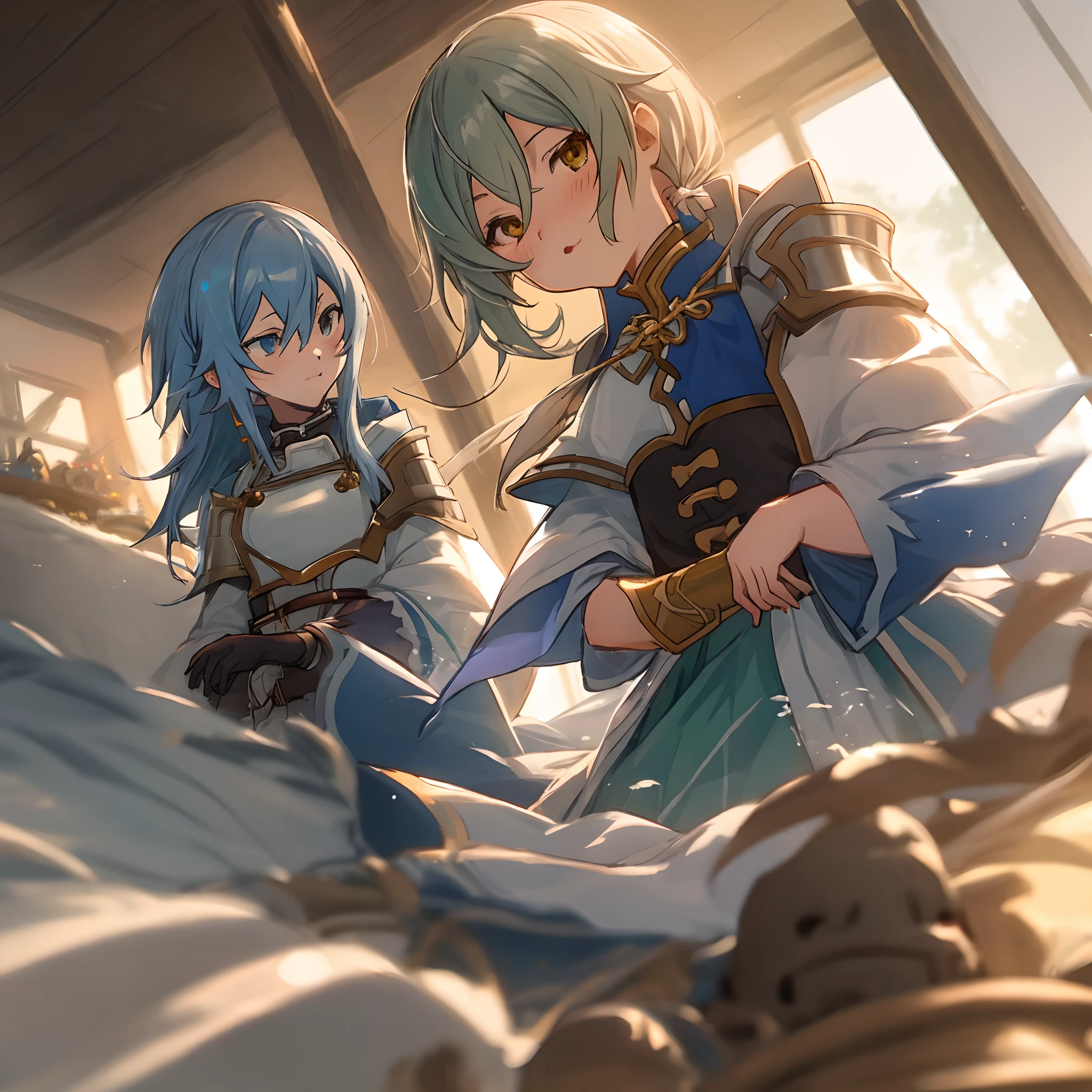 (game cg), from front, cowboy shot, (2boys and 1girl), hetero, (priest(dq3):1.5), blue hair, small breasts, (breast grab), arms up, (anguish:1.3), (blush), closed mouth, gleaming skin, A man on either side of a woman, A woman caught between men, Men wear armor, (steam:1.3), stone wall, (masterpiece, highest quality, High resolution:1.3), perfect anatomy