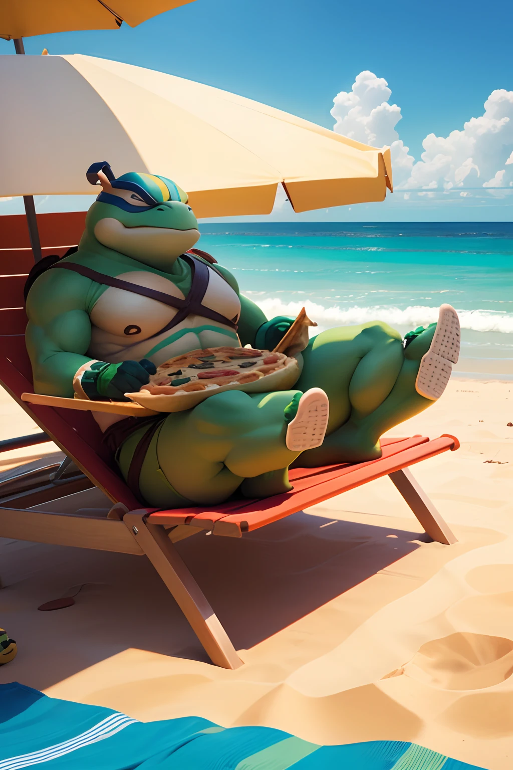 Illustration for the cartoon, age Mutant Ninja Turtle eats a large slice of pizza and sunbathes on the seashore on a sun lounger under the scorching sun