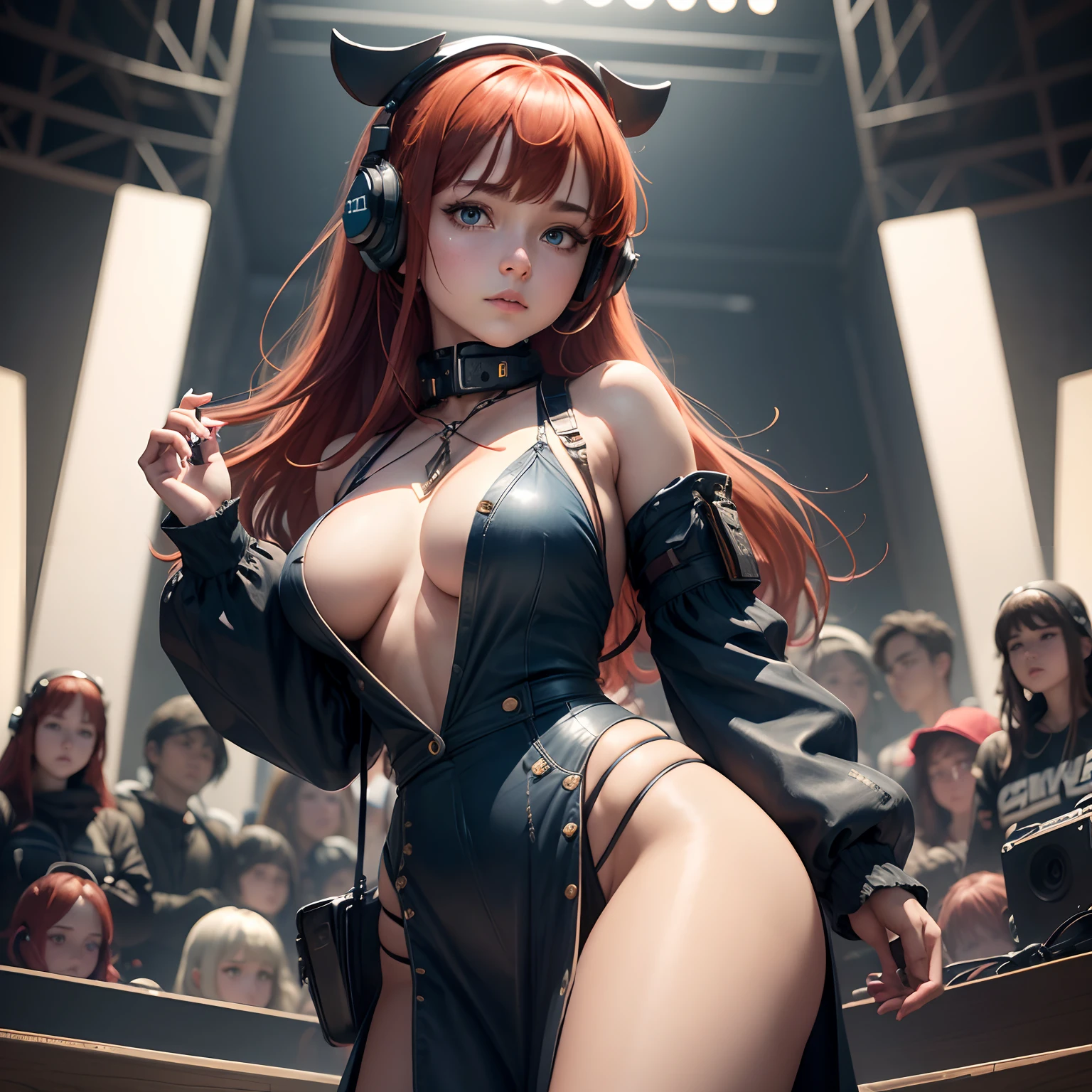 8k, masterpiece, best quality, realistic, higly detailed, cowboy shot, 1girl, solo, miku, emotionless looking girl, medium-length red hair, strands of hair hanging over the right side of her face, a set of wireless headphones that have a triangle-shaped logo on the ear cups around her neck, dark blue eyes, average height, well-endowed figure, large breasts, bangs cover her right eye, Rock Singer