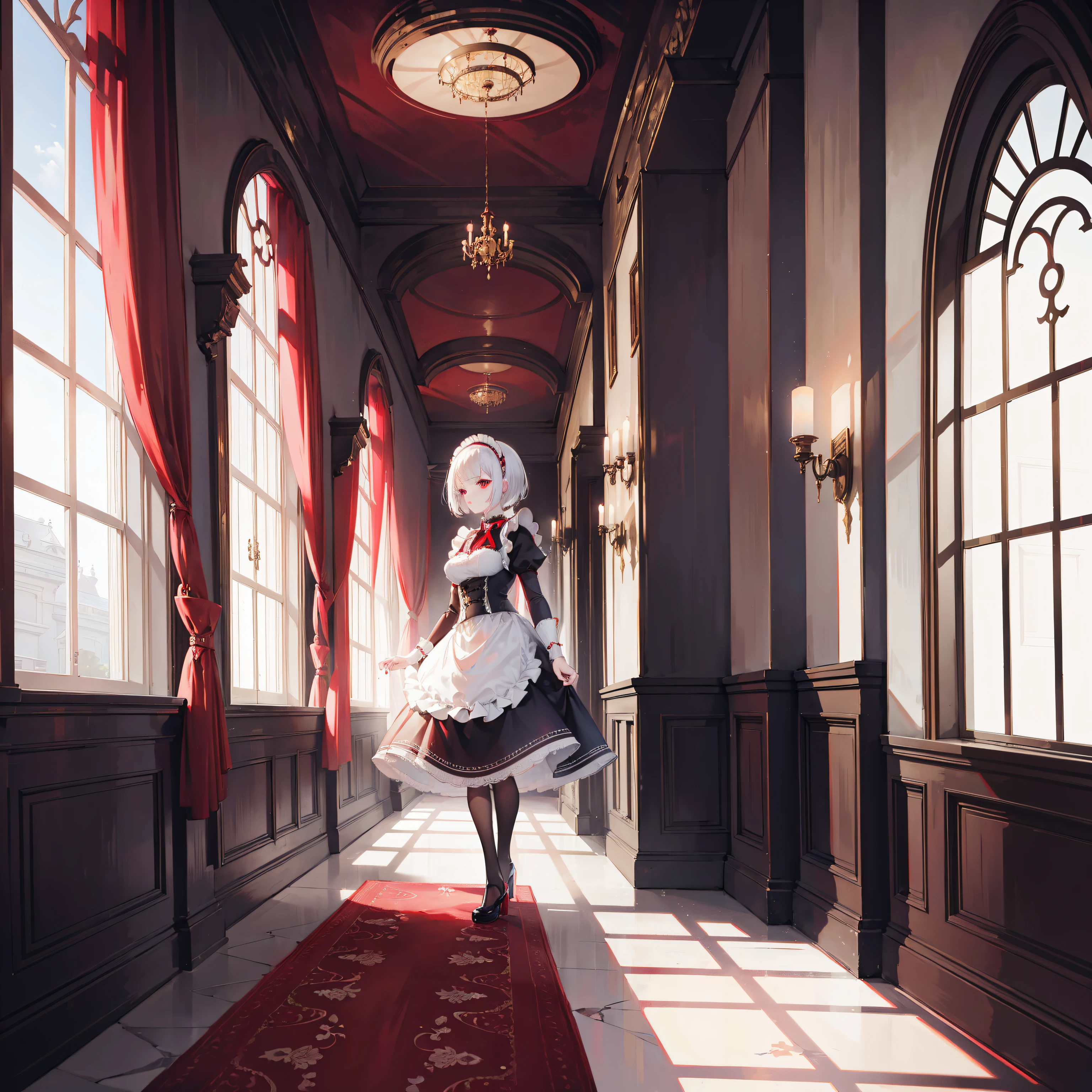 1girl, white short hair, red eyes, wearing maid outfit, maid, mansion, indoors, hallway, mansion hallway, victorian era, absurdres, high res, ultrasharp, 8K, masterpiece