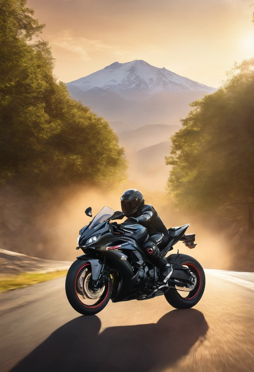 Kawasaki ZX-4RR，motorcycle，anime big breast，Sunnyday，Speeding，Lateral face，mountain in background，freshen