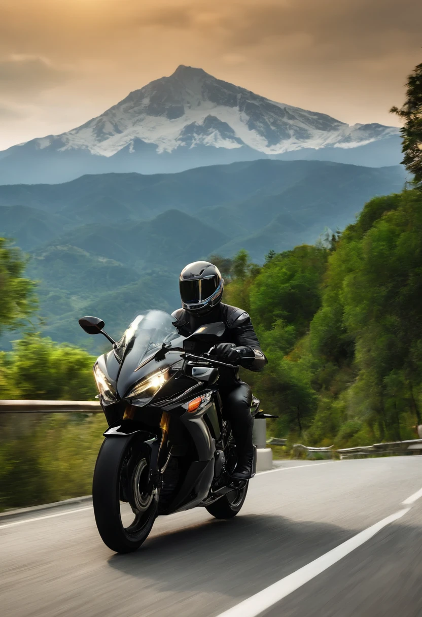 Kawasaki ZX-4RR，motorcycle，anime big breast，Sunnyday，Speeding，Lateral face，mountain in background，freshen