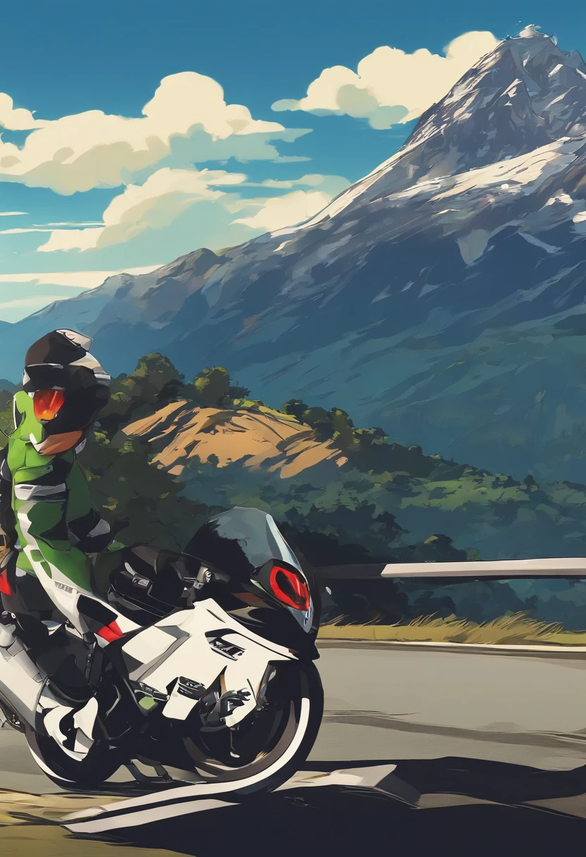 Kawasaki ZX-4RR,motorcycle,anime big breast,Sunnyday,Speeding,Lateral face,mountain in background,freshen
