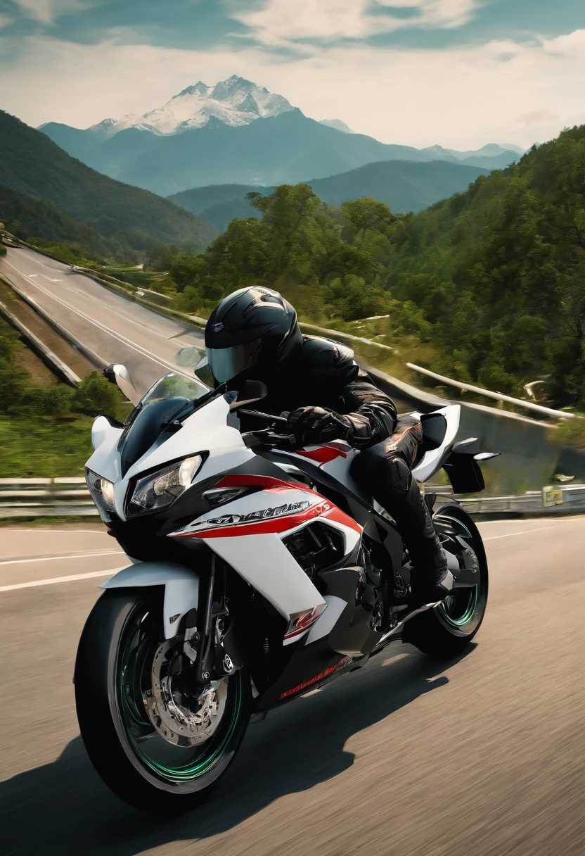 Kawasaki ZX-4RR，motorcycle，anime big breast，Sunnyday，Speeding，Lateral face，mountain in background，freshen