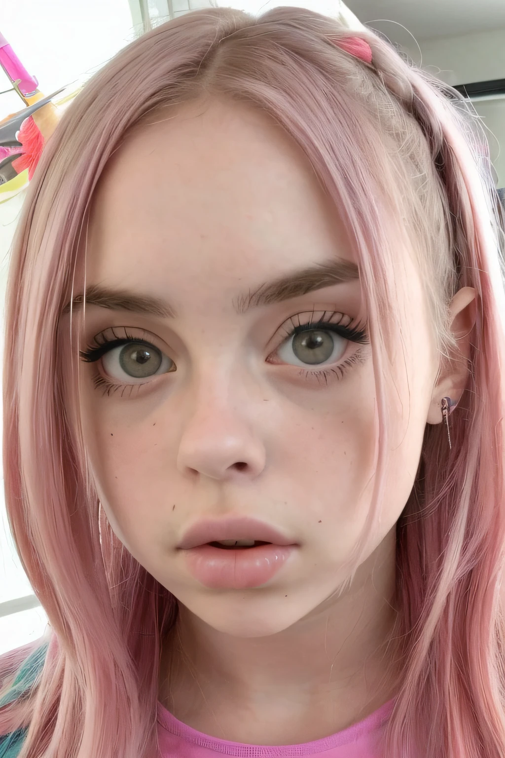 Billie Eilish, Obra maestra sin igual, 8k opponent realist , Obras de arte perfectas、Moda cultural para adolescentes en el Reino Unido、Medias de liga、Sexy y colorido、Shockingpink、((una minifalda))、volantes、Moda purpurina mujer、Una cara detallada、Cara perfecta、ojos perfectos、Alto detalle, NSFW, girlish, adolescente, teens, beautiful girls, beautiful tits