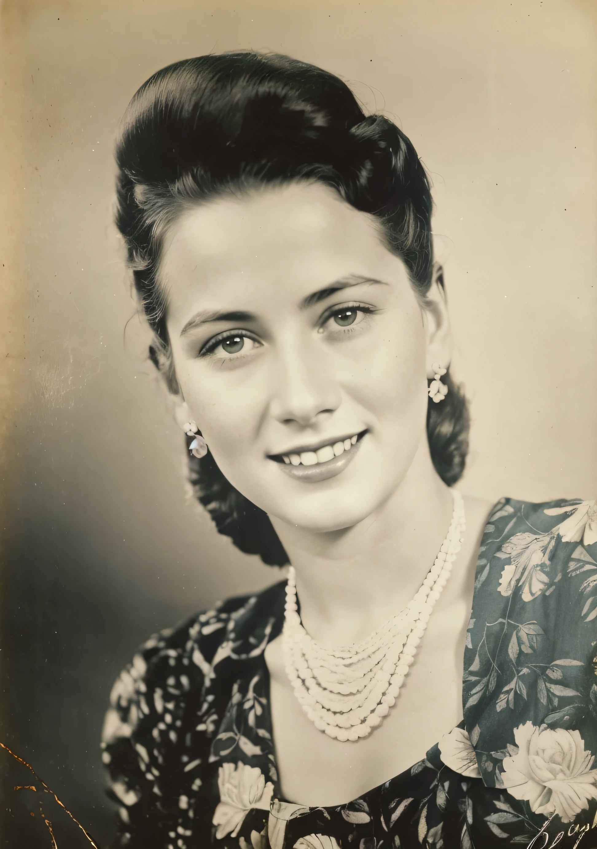 There's a woman who's smiling and wearing a dress., Foto de estilo antiguo, Retrato de estudio en color, Foto antigua en color, World War 2 portrait photo, Foto antigua realista, Una foto coloreada, realistic old photograph, Estilo de foto antiguo, Foto vintage en color, old color photograph, foto restaurada, vintage closeup photograph, Foto coloreada, classic portrait, Photo from the 1940s