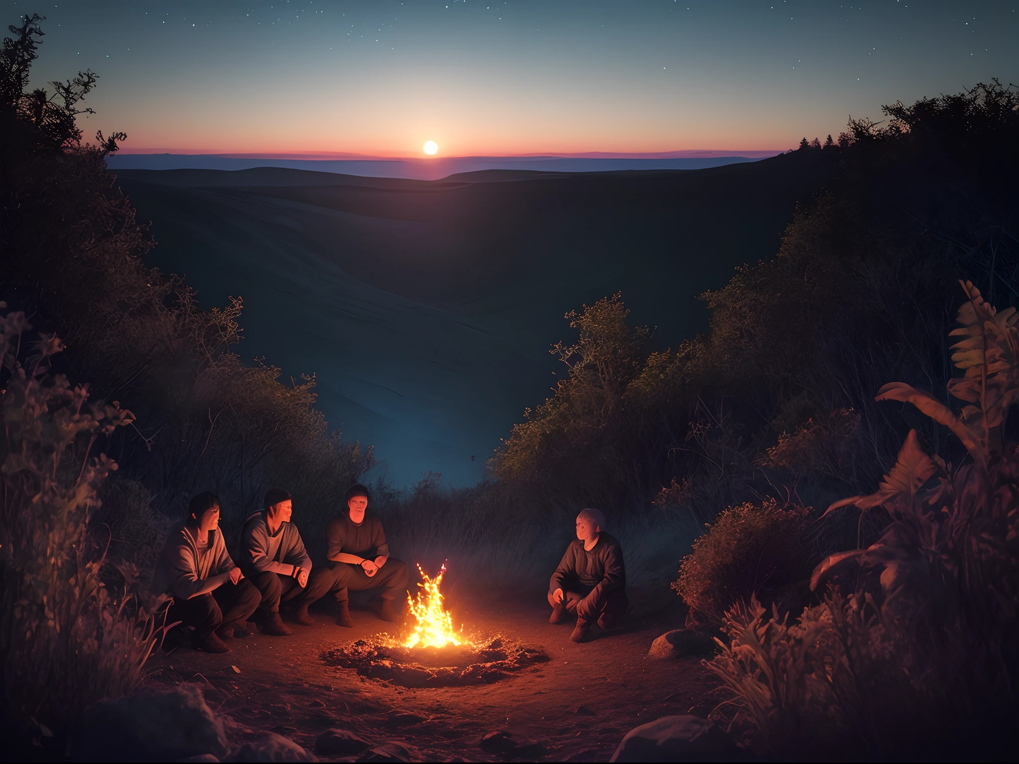 4 young Indian men camp fire at night, mountain background with dark night sky, volumetric lighting of fire, in the middle, joyfully. 8k quality, depth of field, cinematic view