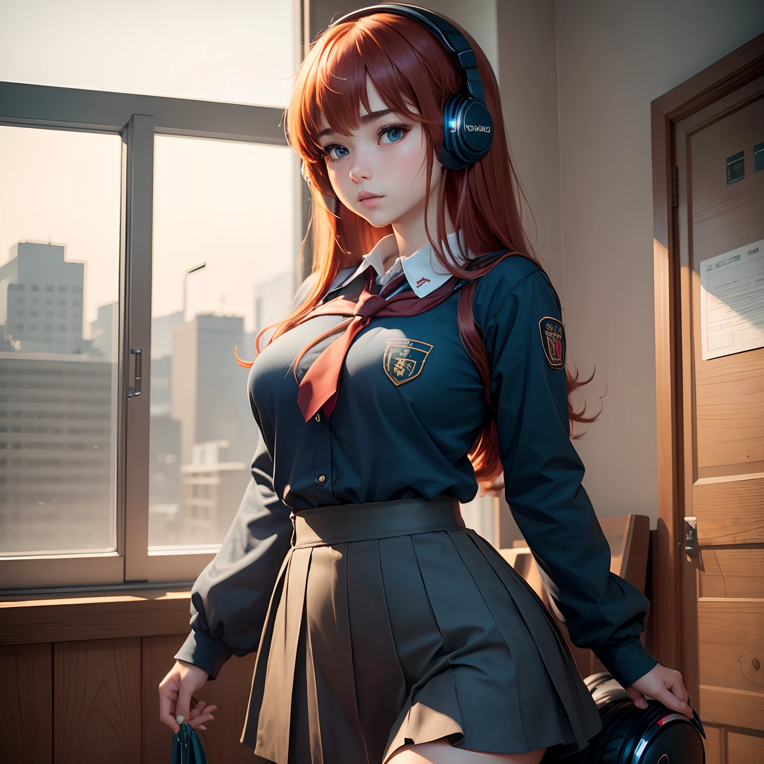 8k, masterpiece, best quality, realistic, higly detailed, cowboy shot, 1girl, solo, miku, emotionless looking girl, medium-length red hair, strands of hair hanging over the right side of her face, a set of wireless headphones that have a triangle-shaped logo on the ear cups around her neck, dark blue eyes, average height, well-endowed figure, large breasts, bangs cover her right eye, school uniform