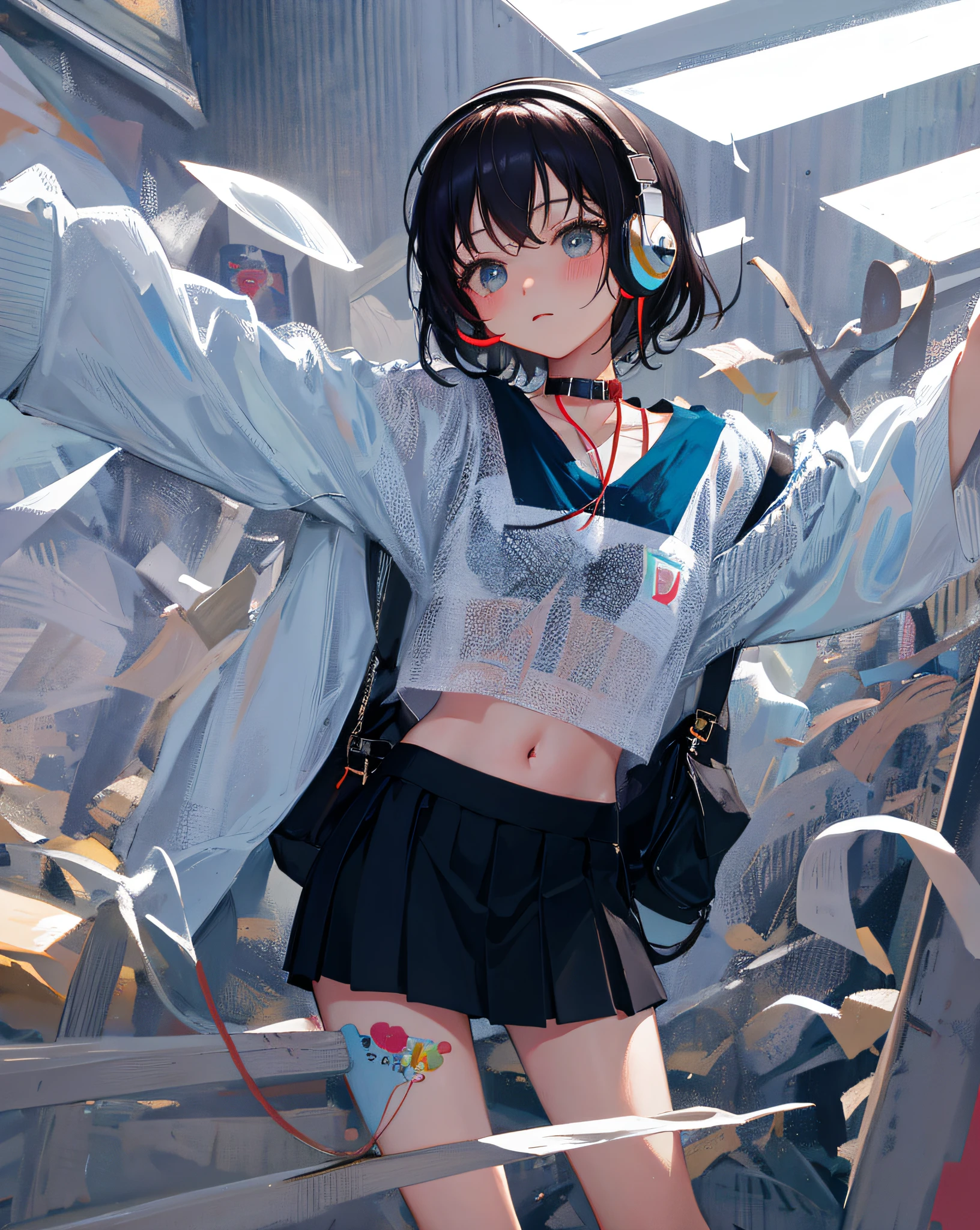 (Realistic painting style:1.0), Masterpiece, Best quality, absurderes, comic strip, illustration,
1 girl, Medium hair, Cute girl, young and cute girl, Korean girl, {Breasts},
A girl in a skirt and a striped shirt with headphones, On the road, Girl wearing headphones, cute kawaii girls, photo of slim girl model, Wear a collar, wearing a crop top, Wear a striped top, Striped top, Black skirt, Simple clothes, Simple clothing,